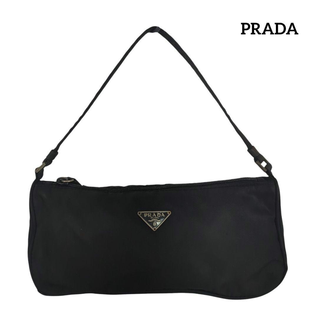 Prada Shoulder Pouch Bag Black Nylon Silver Zip Women Auth 25cm 11cm Used Italy