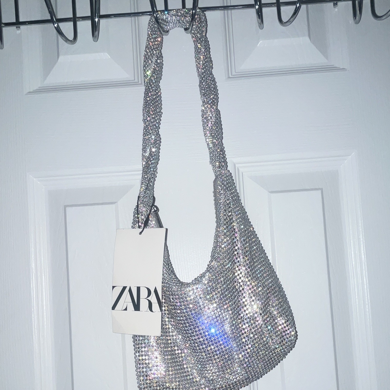 Zara Silver Rhinestone Mesh Crescent Shoulder Bag Purse w/ Shoulder Strap