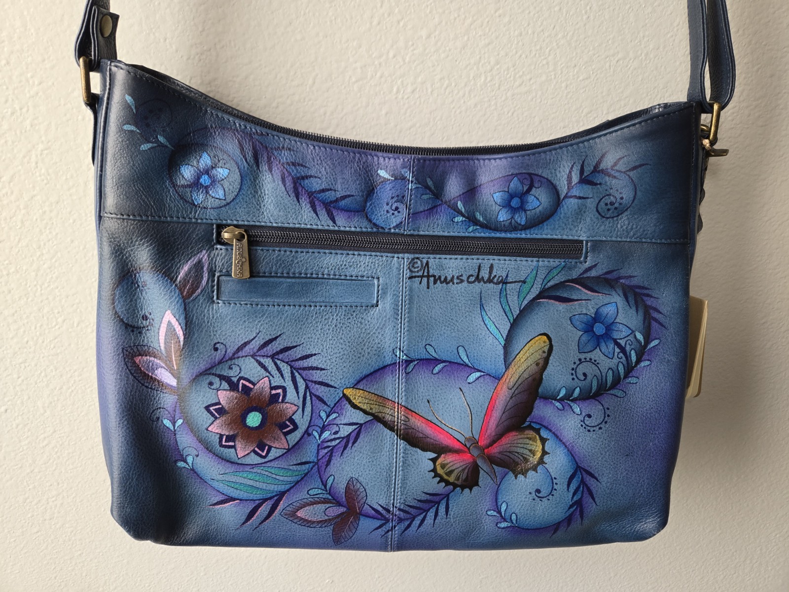 Anuschka Blue Leather Hummingbird & Butteryfly Painted Shoulder / Crossbody Bag