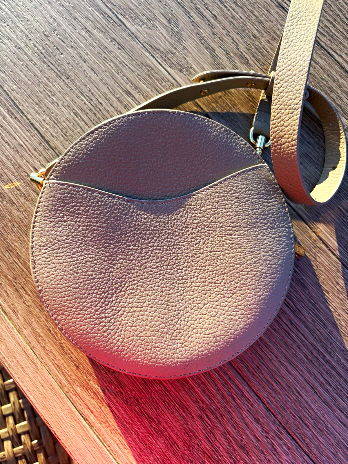 Cuyana Round Pebbled Taupe Crossbody Bag Zip Closure Adjustable Strap Gold HW