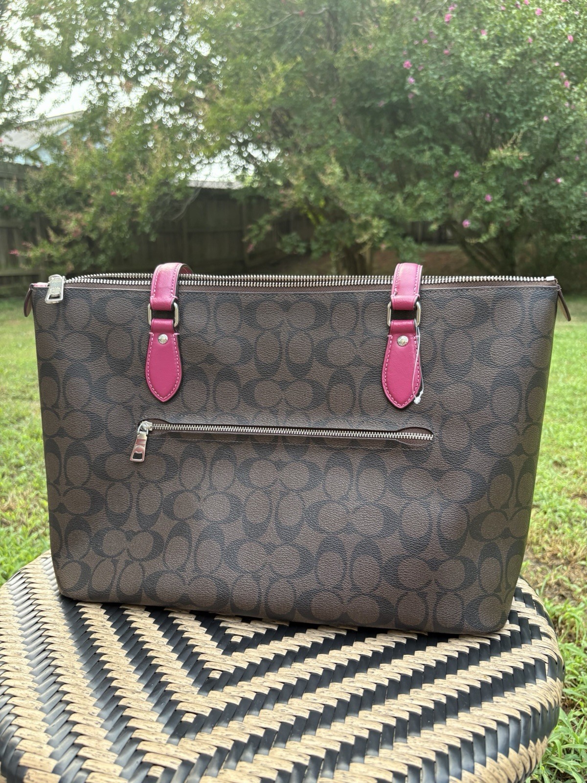 Coach Signature Logo Brown Pink Zip Top Tote Shoulder Bag Charm Silver Hardware