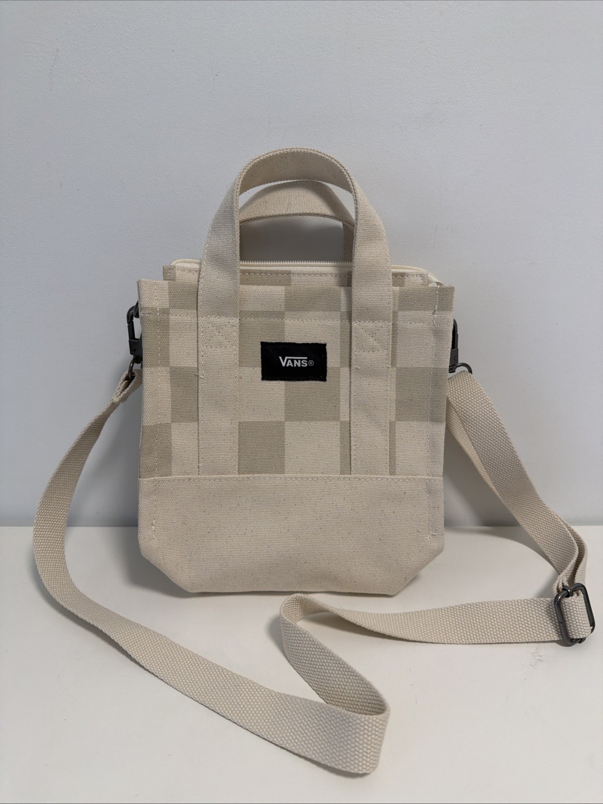 VANS 12×8” Checkerboard OATMEAL Canvas Tote Bag Crossbody W/ Shoulder Strap