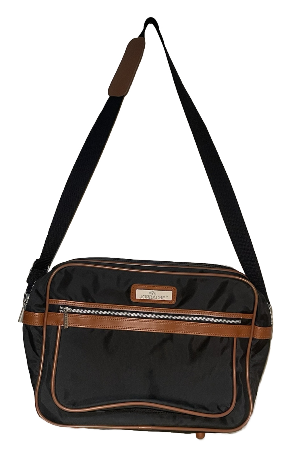 Vtg Jordache Black Brown Piping Tote Bag Adjustable Shoulder Straps Front Pocket