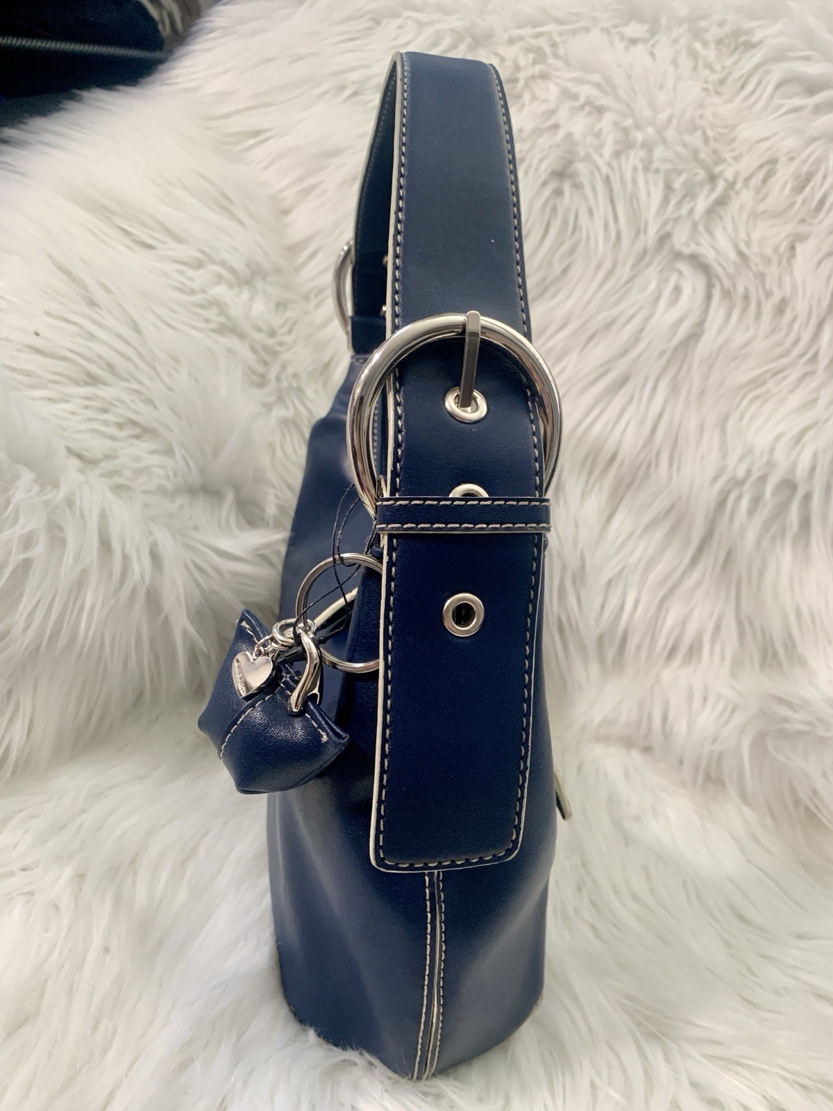 Nine West Blue Crescent Shoulder Bag Zip Closure Inner Pockets Silver Hardware