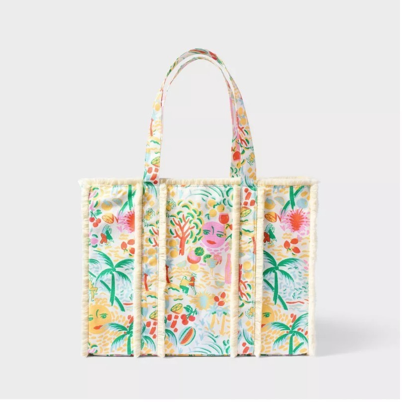 Roller Rabbit x Target Vacation Beach Fringe Canvas Tote Bag Yellow/ Green NWT
