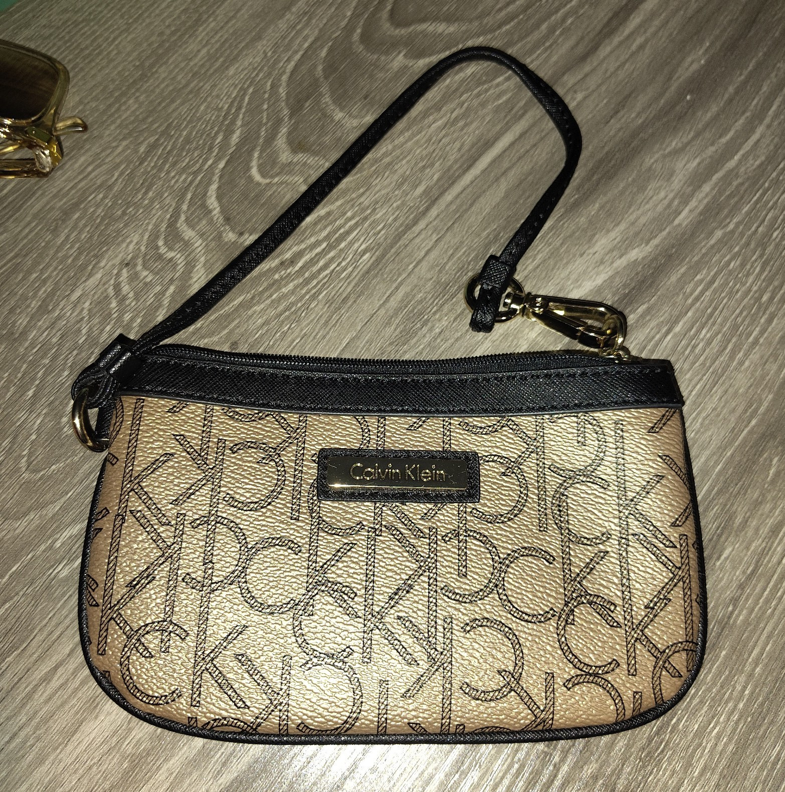 Calvin Klein CK Monogram Zip Wristlet Pouch Tan/Black