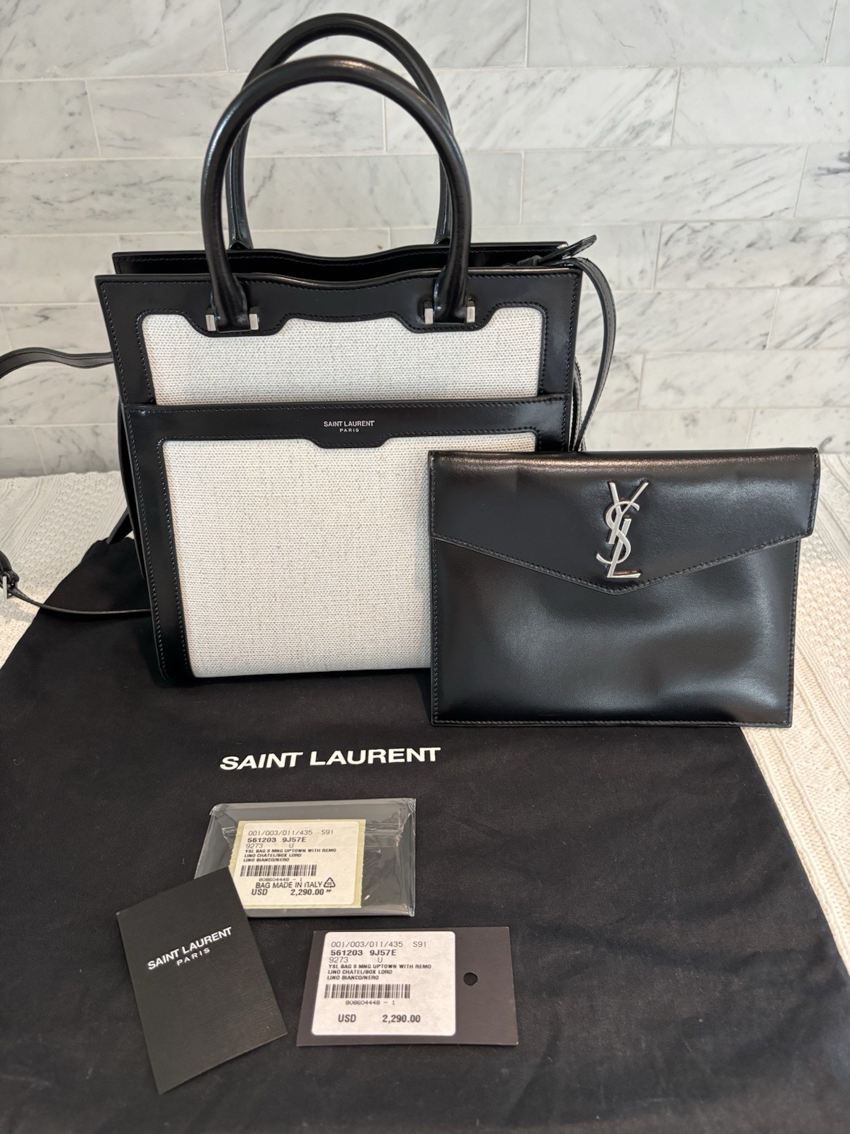 YSL Saint Laurent Uptown NWT Linen & Black Leather Mini With Removable Pouch