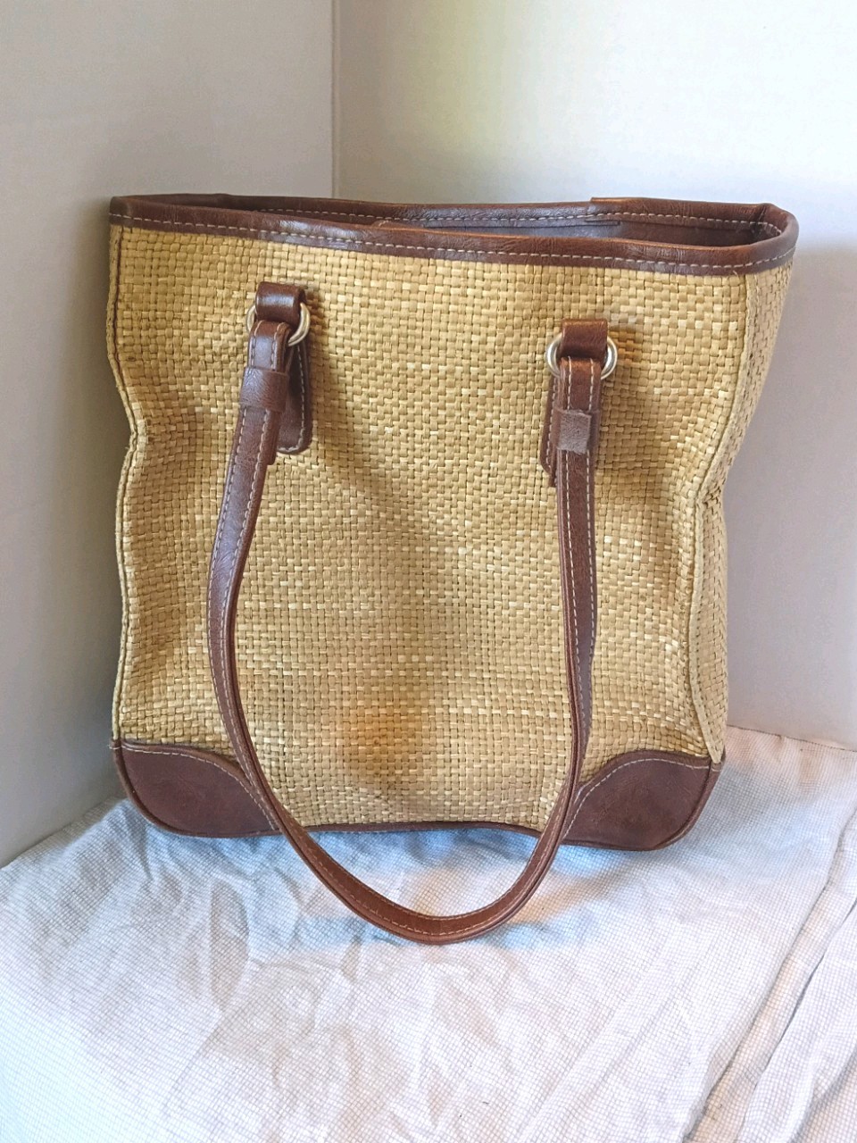 Vintage Straw Basket Weave Tote Bag Brown Faux Leather 9x10x4 Summer Boho