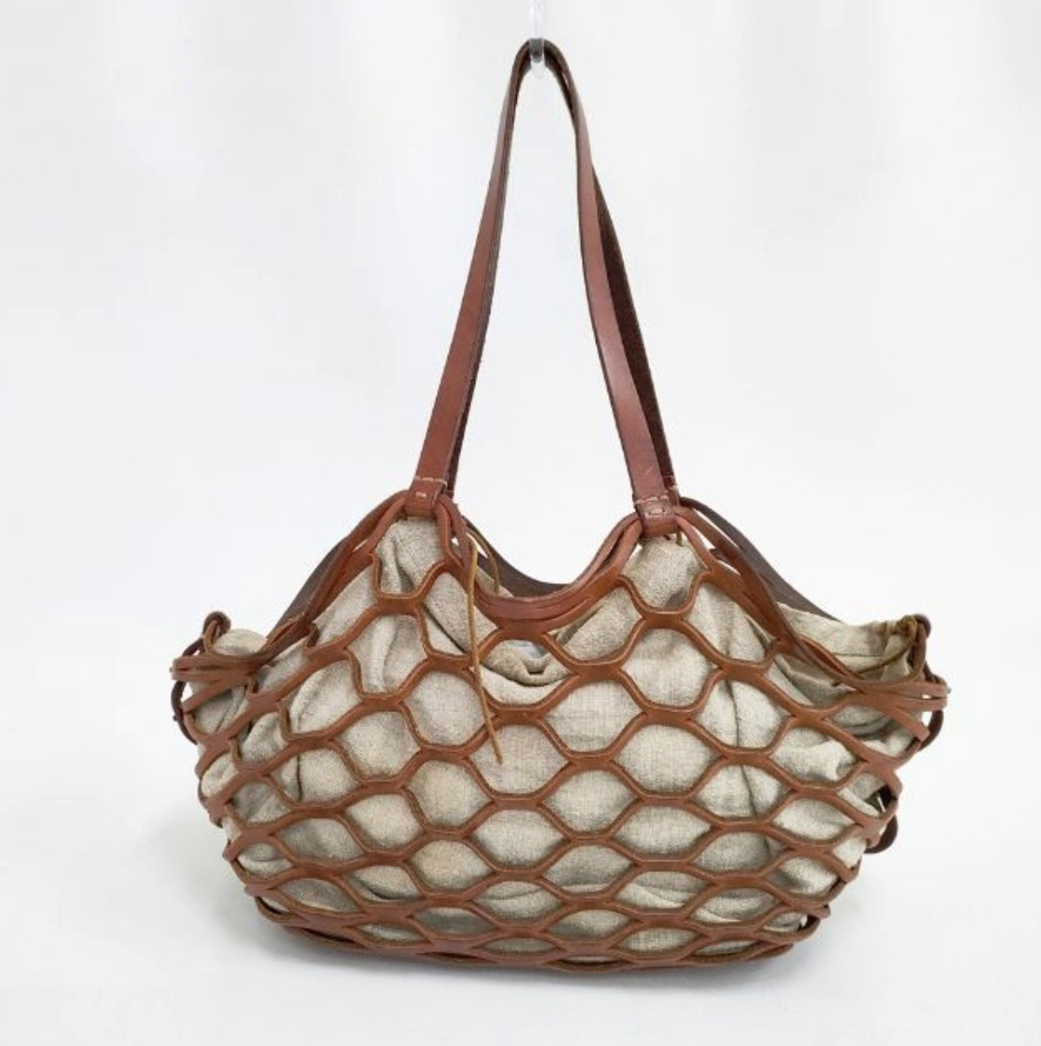 HENRY CUIR PERSIL Brown Leather Net Hand Bag Tote Bag From Japan