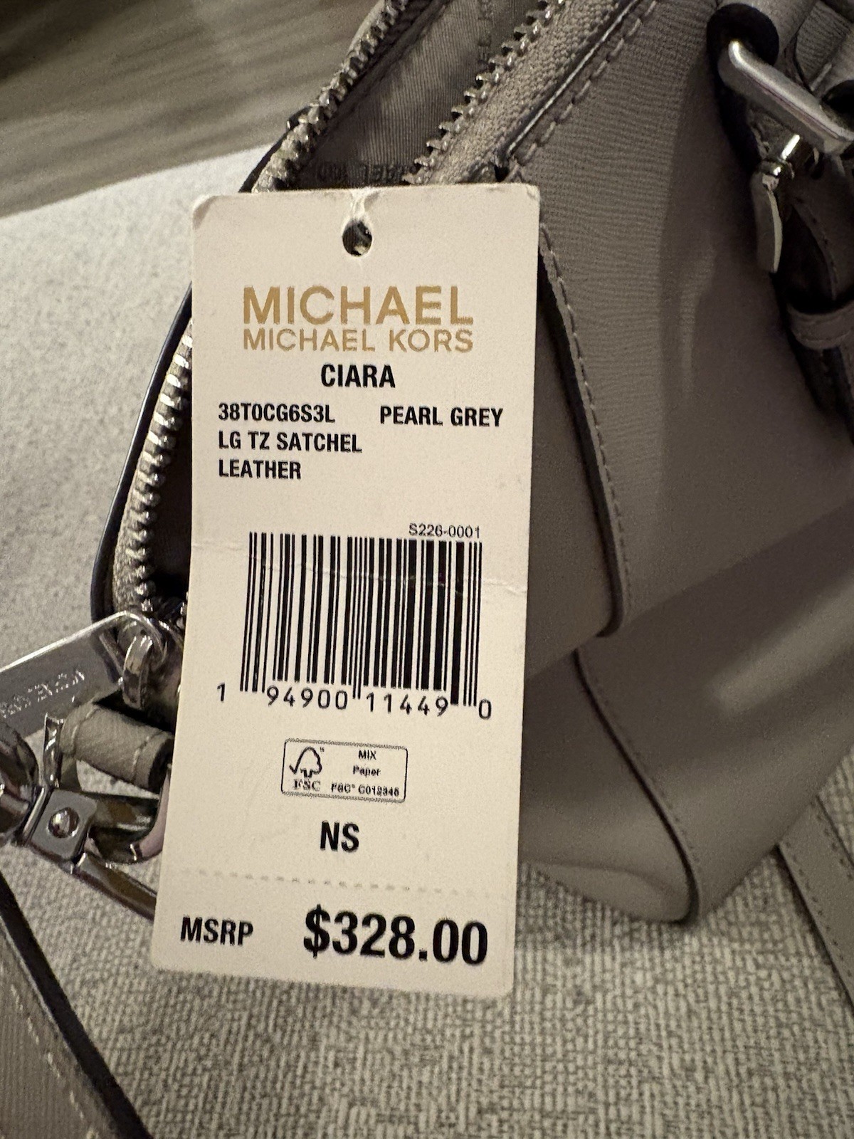 Michael Kors Large Satchel Top Handle Pearl Gray Zip, Detachable Strap Charm