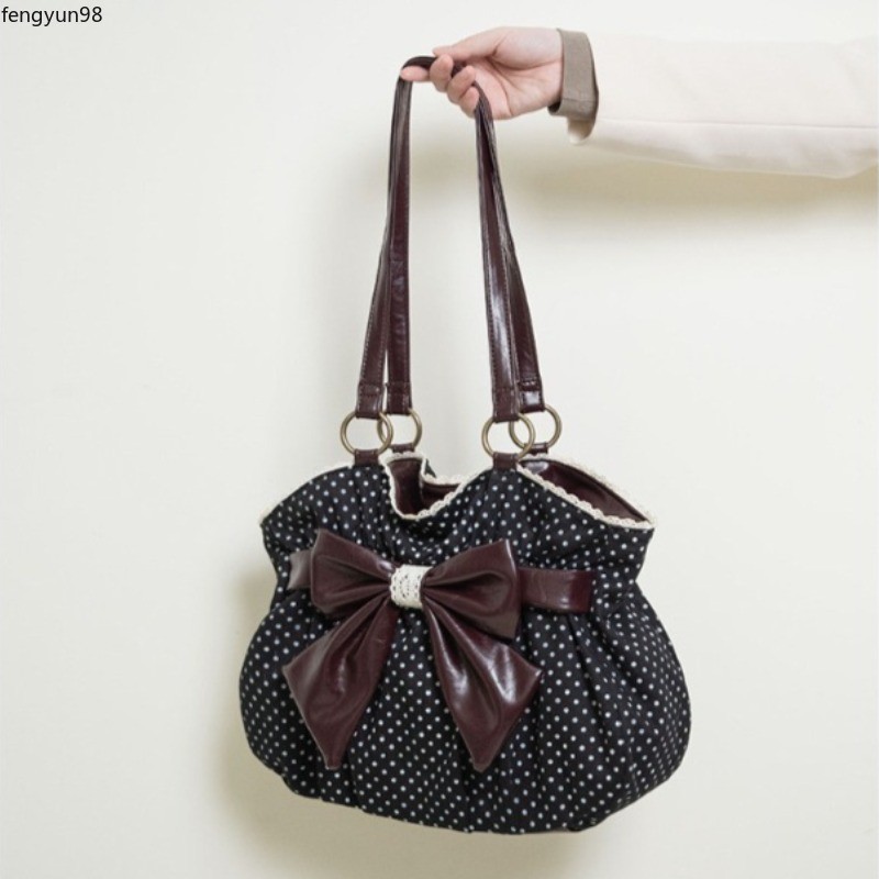 Chic Polka Dot Tote Bag Vintage Women Handbags Shoulder Bag Bow Sweet Bag