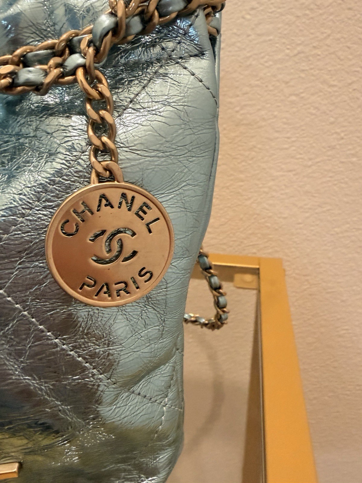 CHANEL Metallic Calfskin Quilted Mini Chanel 22 Blue