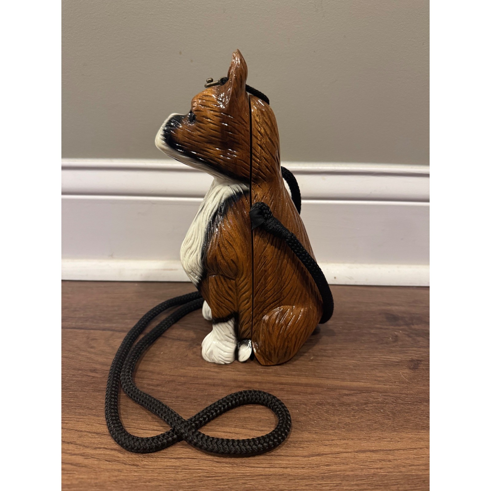 Timmy Woods Vintage 1990s Boxer Dog Hand Carved Wood Crossbody Bag Brown Womens