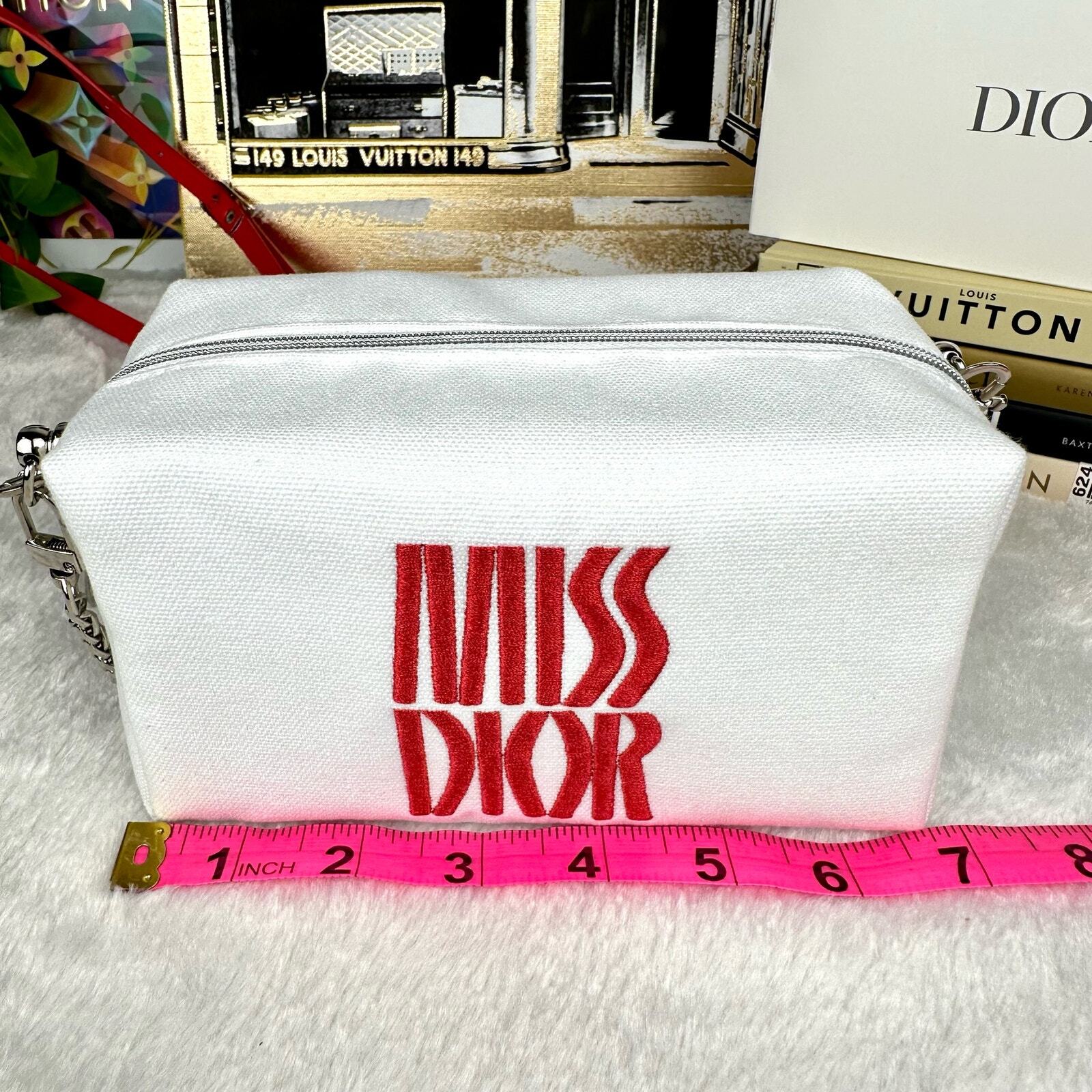 MISS DIOR Beauty line canvas crossbody bag with strap and chain.