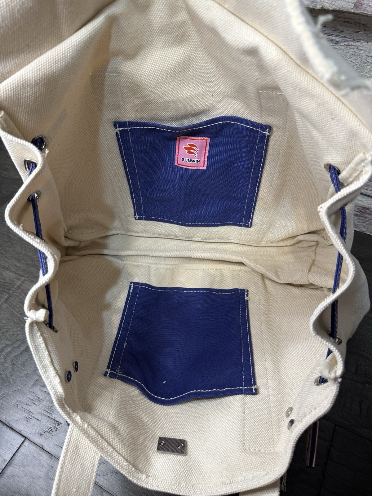 Sunwin Madaket Classic Large Tote Bag Canvas Natural with Blue Trim Silver