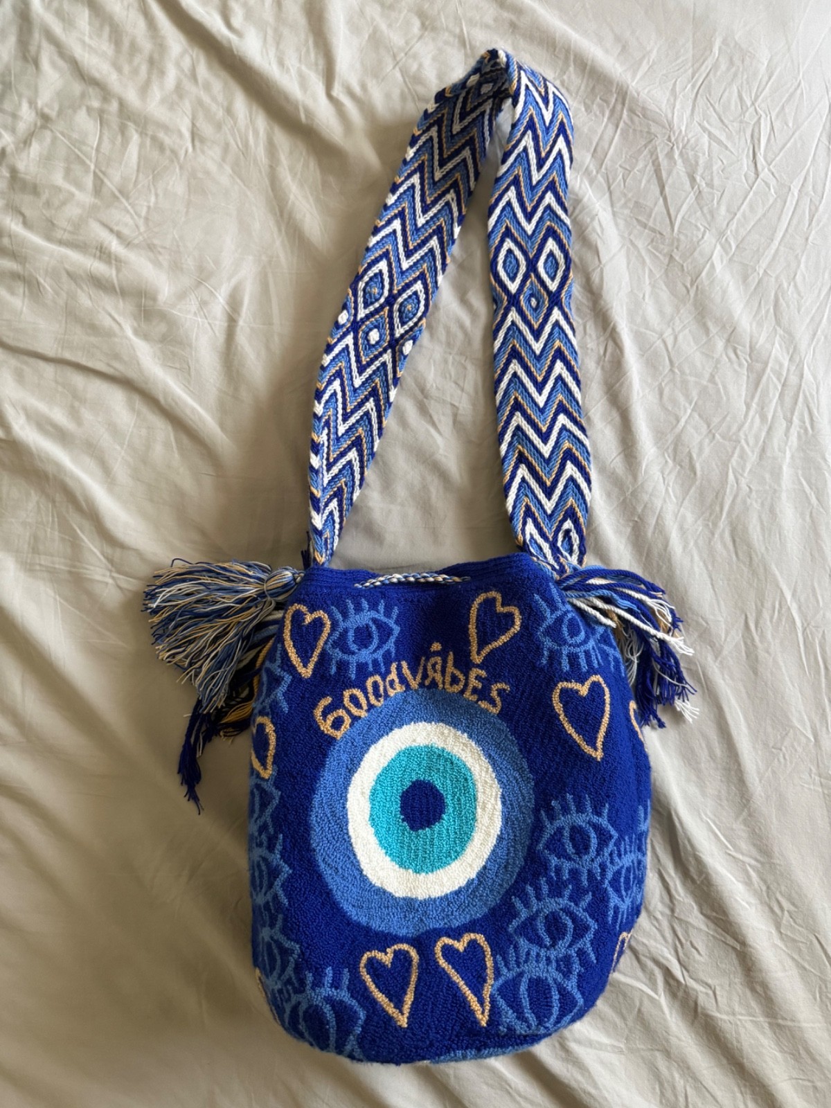 Handmade Good Vibes Wayuu Mochila Bag Tapestry Colombian Blue no Evil Eye Lined
