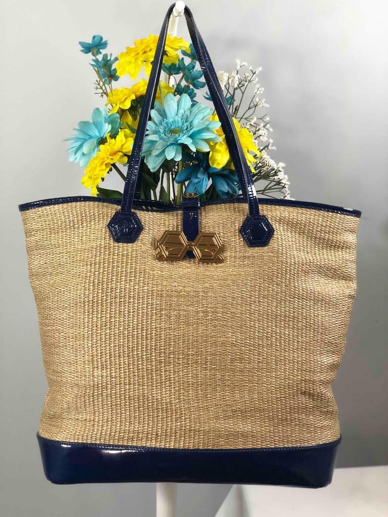 JONATHAN ADLER “Duchess” Straw/ Royal Blue Patent Leather Large Tote Bag
