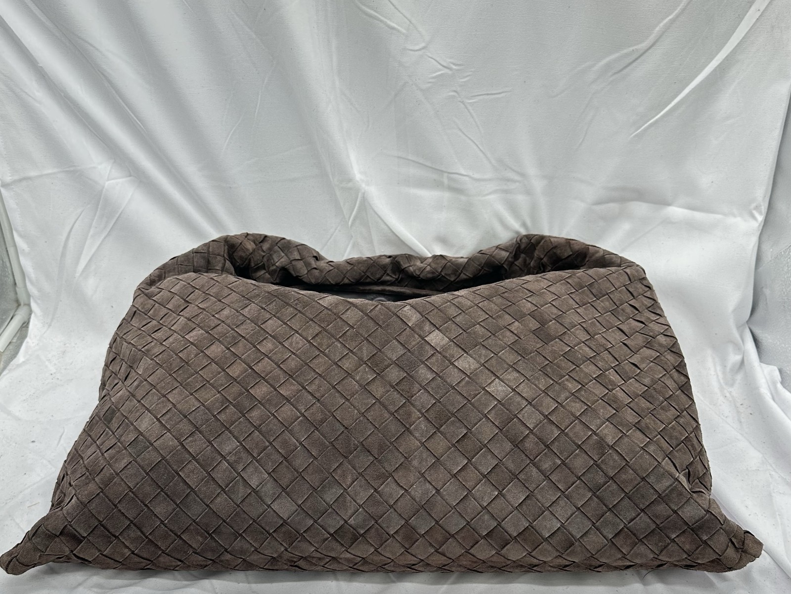 Bottega Veneta Womens Large Hop Woven Shoulder Bag Suede Fondant Brass