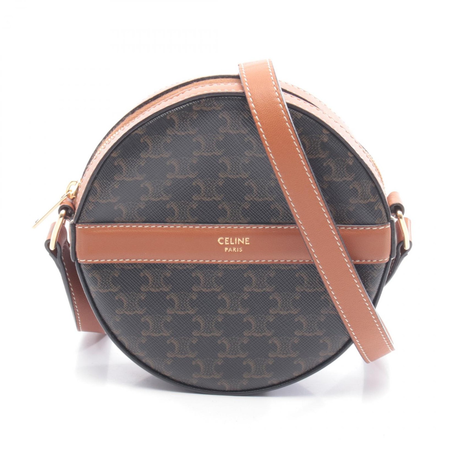 CELINE Round Purse Triomphe 10G342 Shoulder Bag Black Brown Women’s #MMB5473