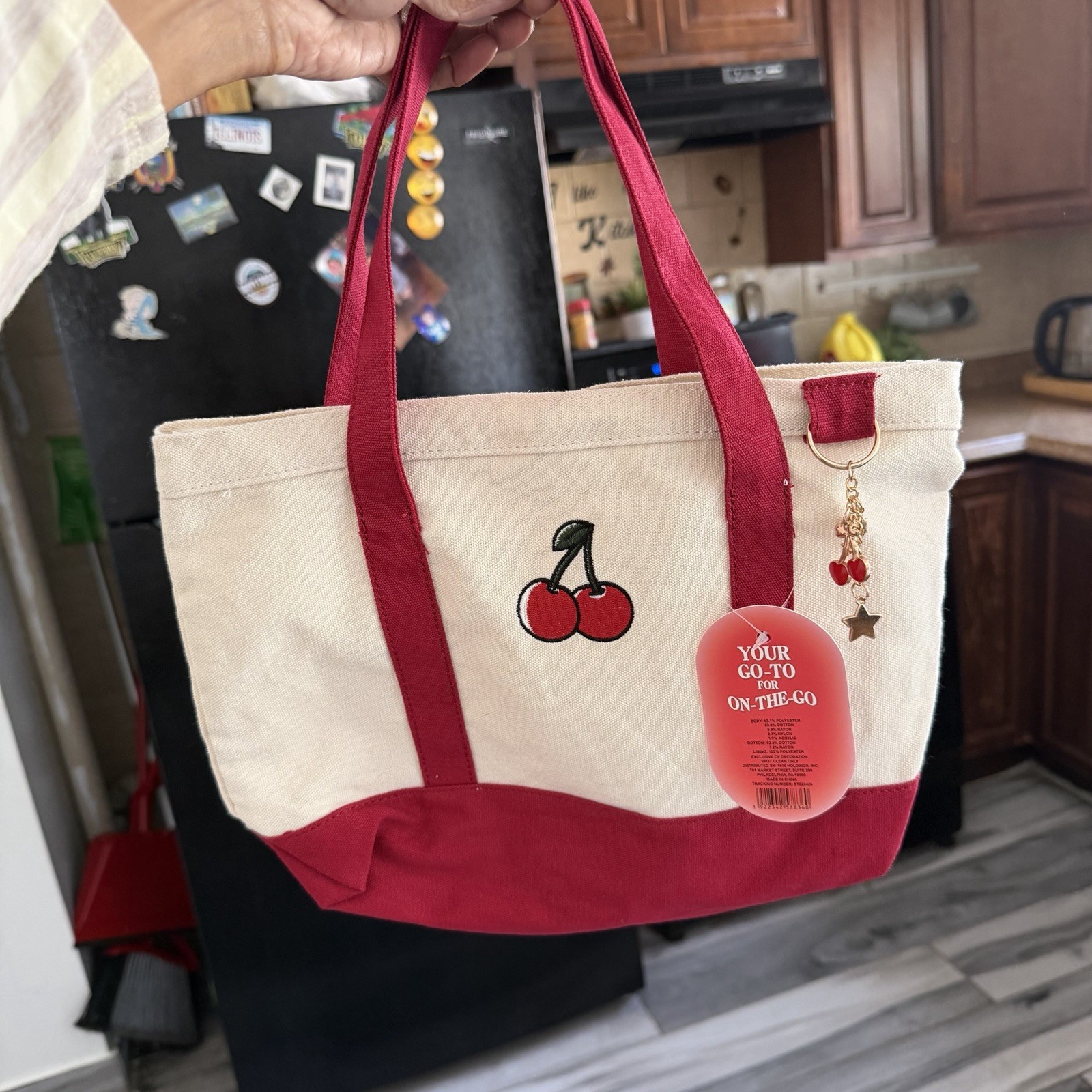 Women’s Cream/Red Tote Bag Embroidered Cherries Charm Button, Pockets