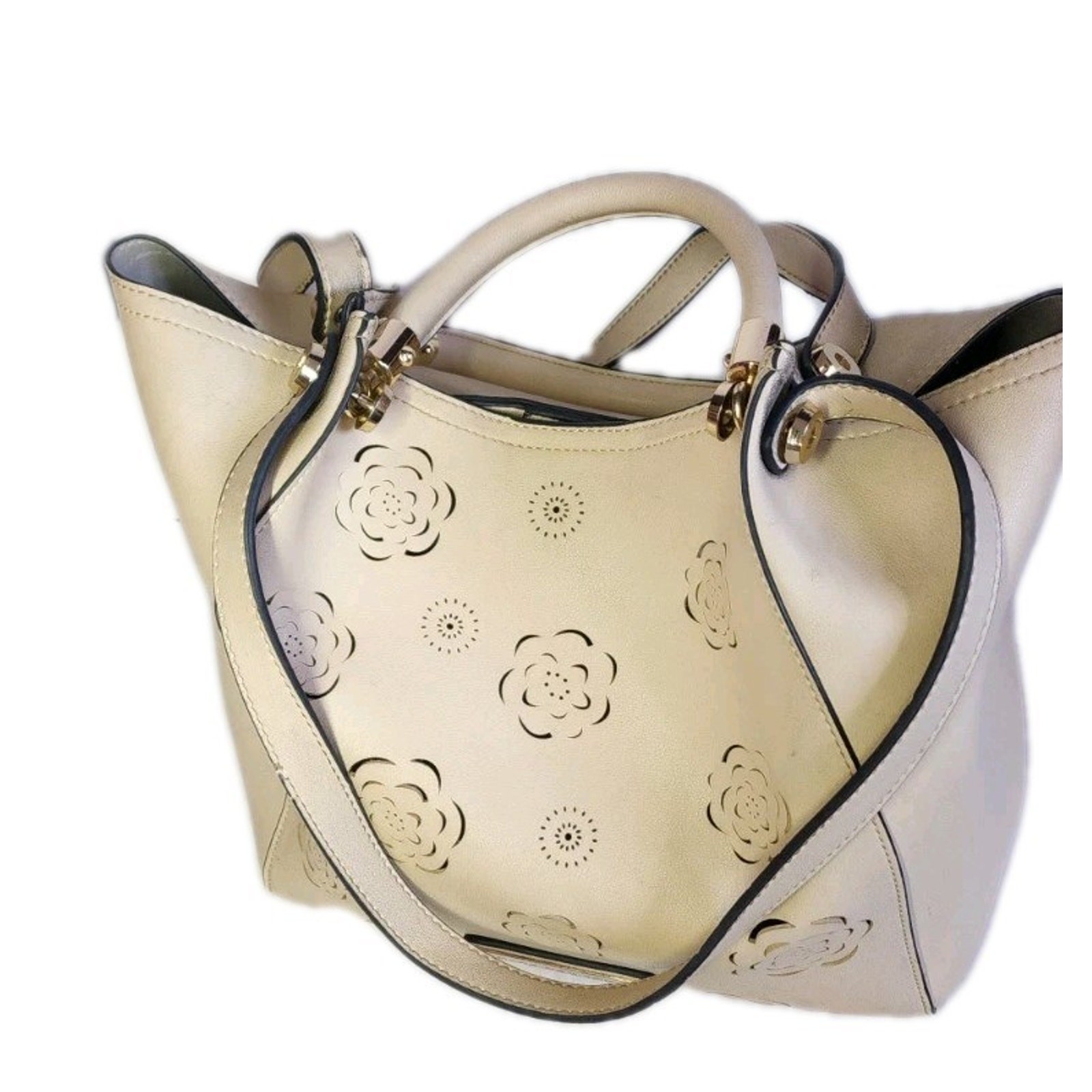 Marc New York Andrew Marc Beige Flower Cut Out Hobo Bag Purse Gold Hardware