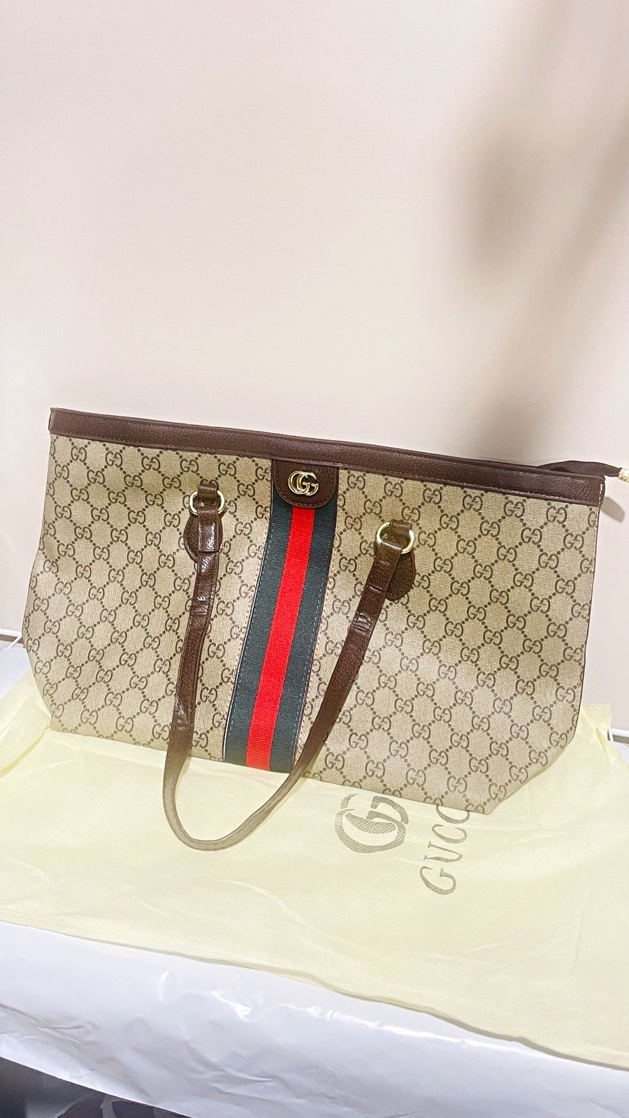 Gucci GG Pattern Tote Bag Zip Closure Web Stripe Double Handles Gold Hardware