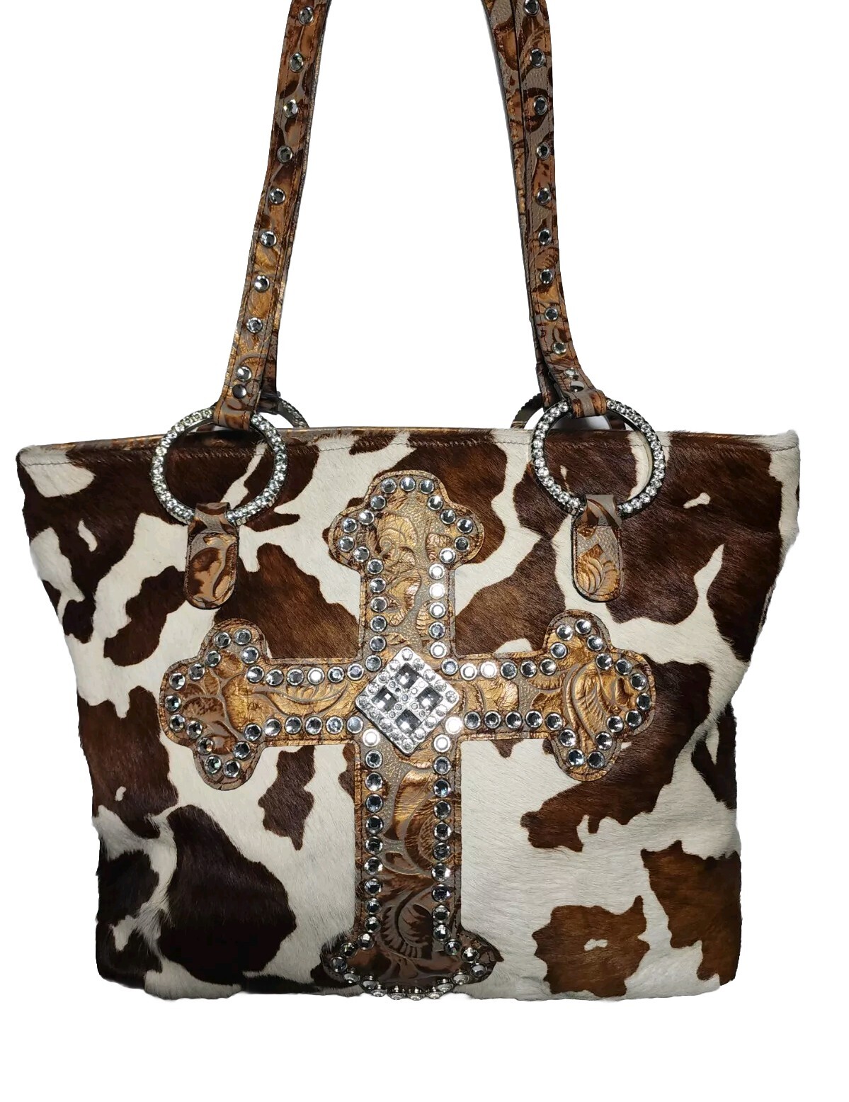 RAVIANI SUSANNE’S CRYSTAL EMBELLISHED 3D CROSS & ROSES CALF HAIR ON LG TOTE $545