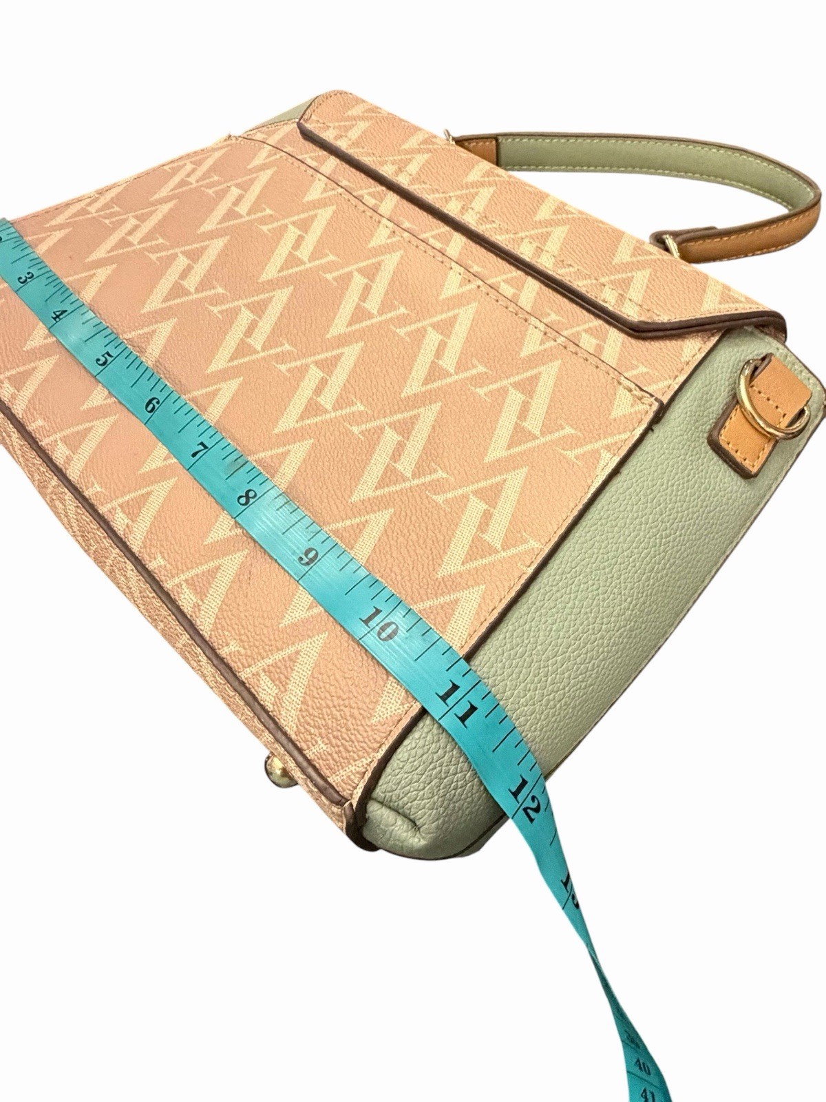 Adrienne Vittadini Mint Green/Beige Monogram Crossbody Handbag Top Handle Purse