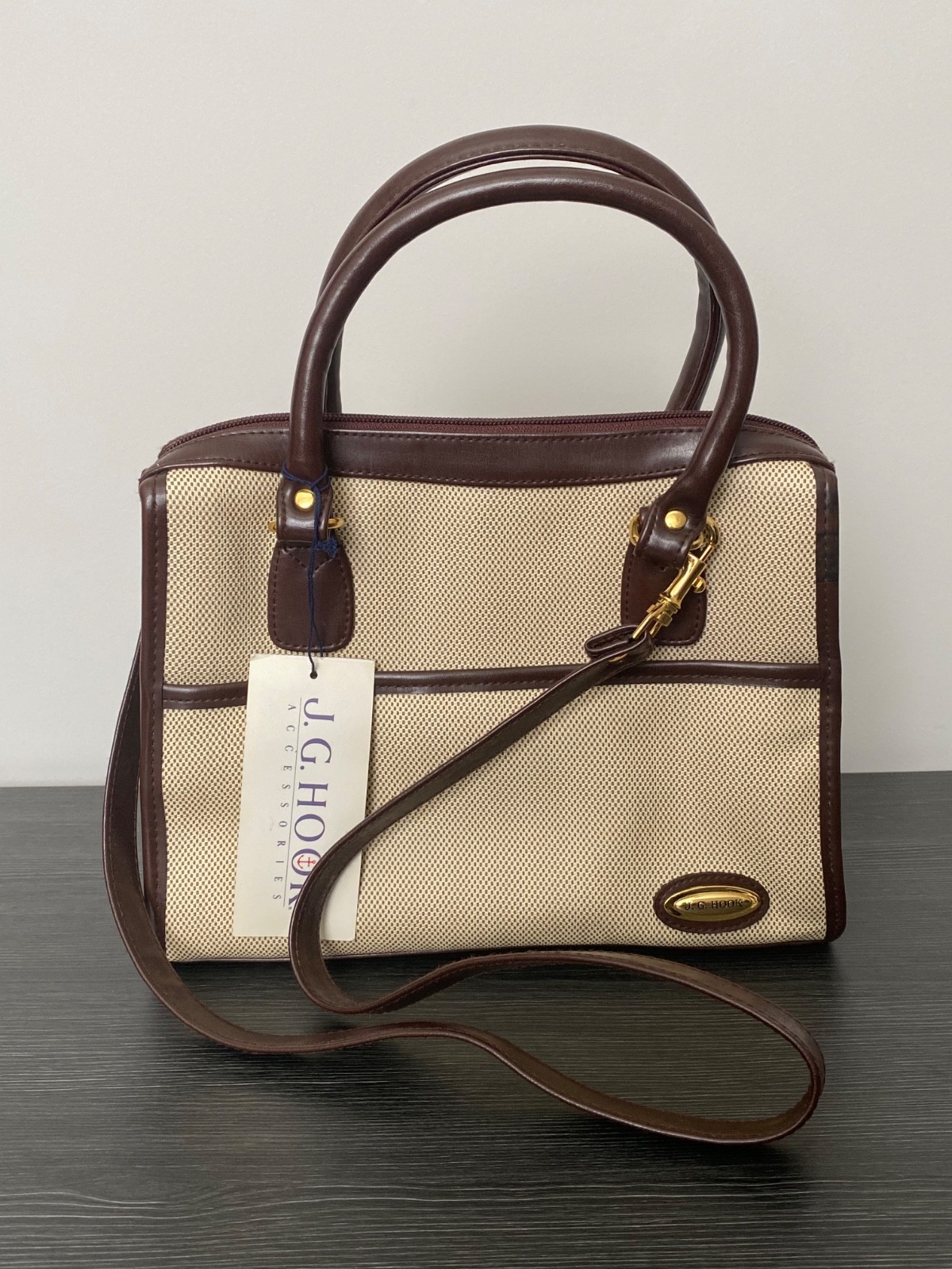 Vintage J.G. Hook Canvas & Faux Leather Satchel Handbag Brown Beige