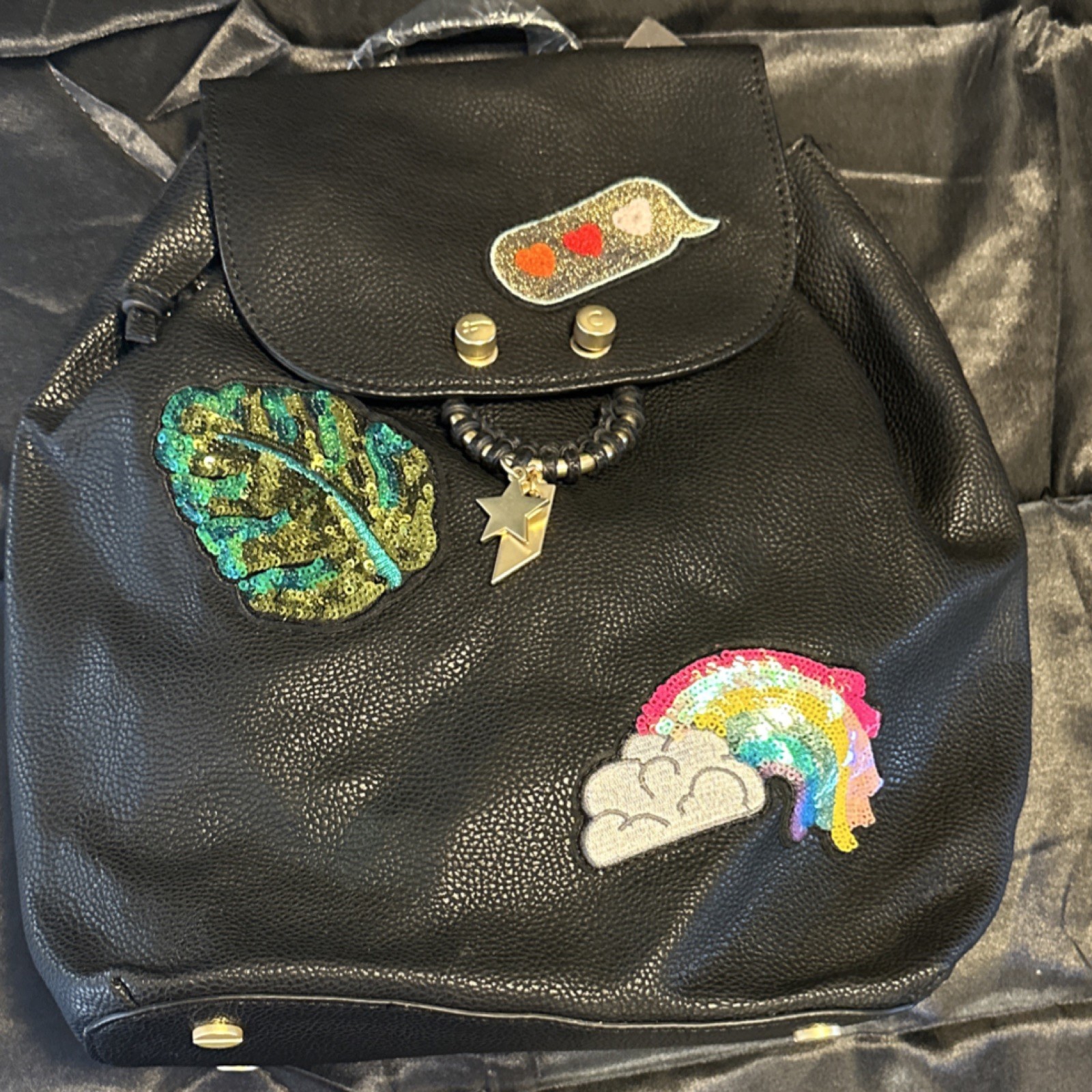 Foley + Corinna Patchwork Backpack Black Sequin Embroidered Applique Bag Charm
