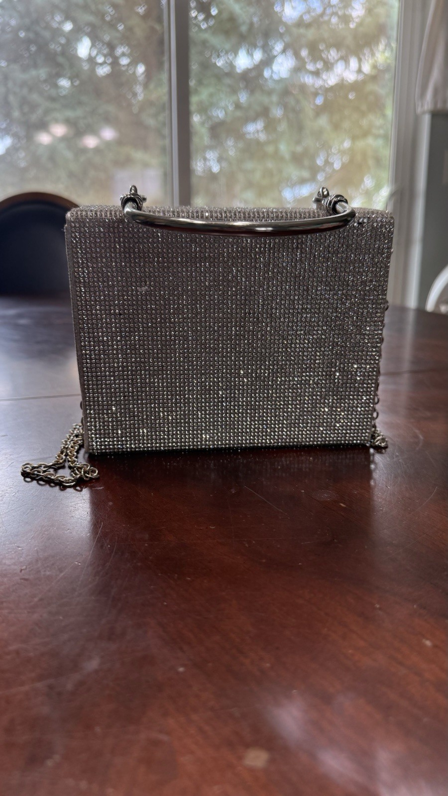 Silver Glitter Evening Clutch Bag Detachable Chain Strap Magnetic Inner Pockets