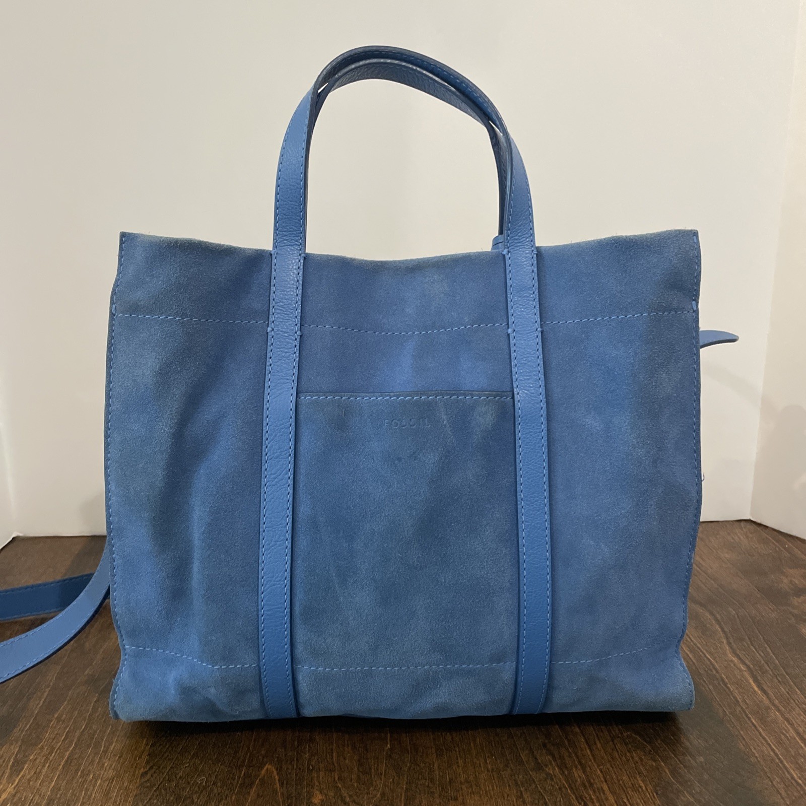 Fossil Carmen Shopper Blue Suede Leather Tote Bag