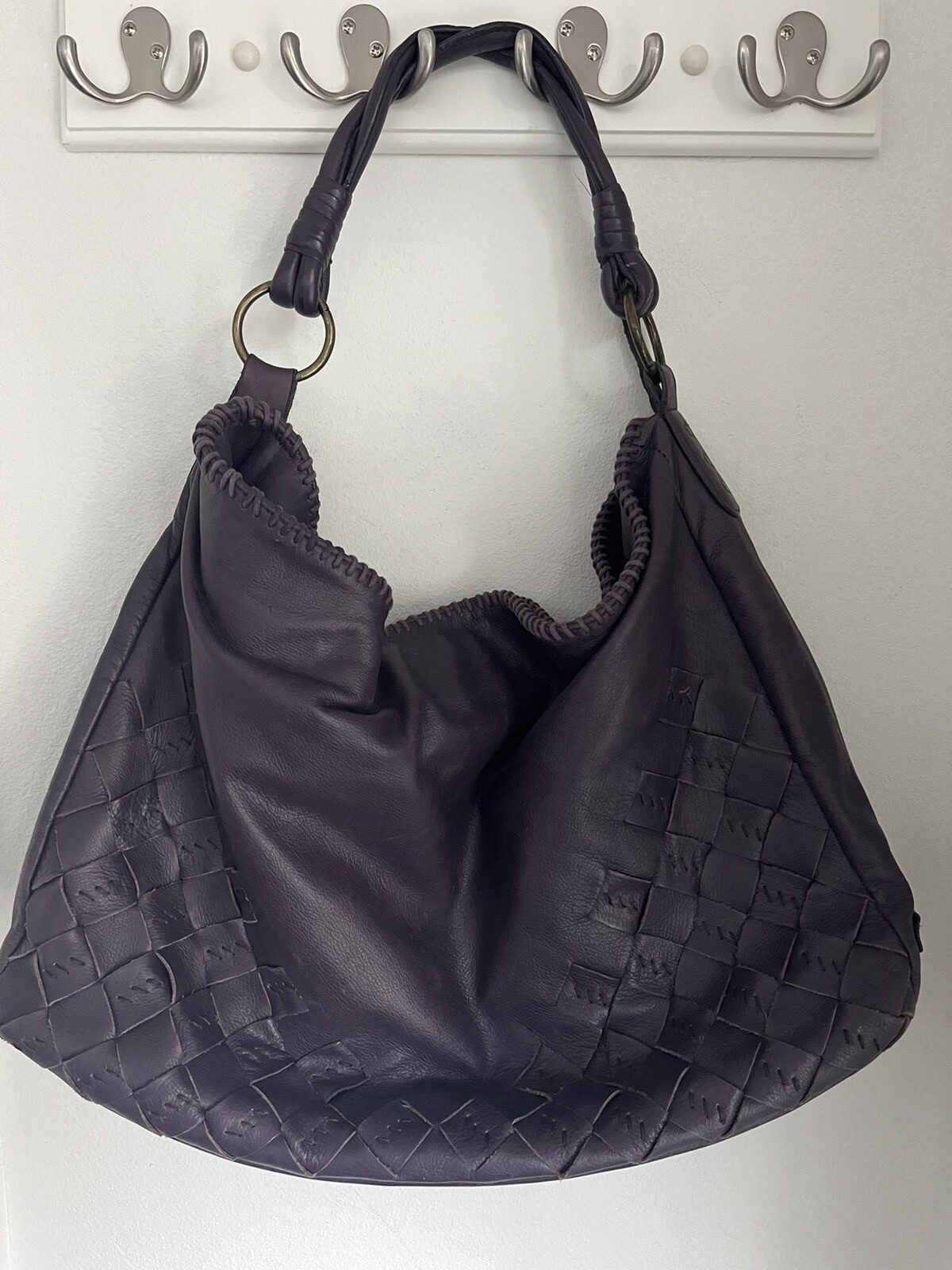 MITZI BAKER Purple Leather Large Tote Bag Purse Shoulder Bag Lattice Design