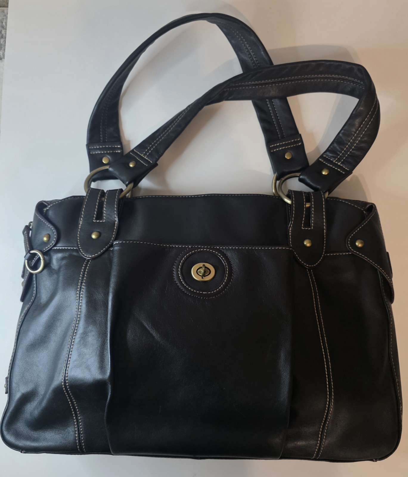Franklin Covey Black Satchel Turn Lock Zip Top, Lined, Inner Pockets, Gold