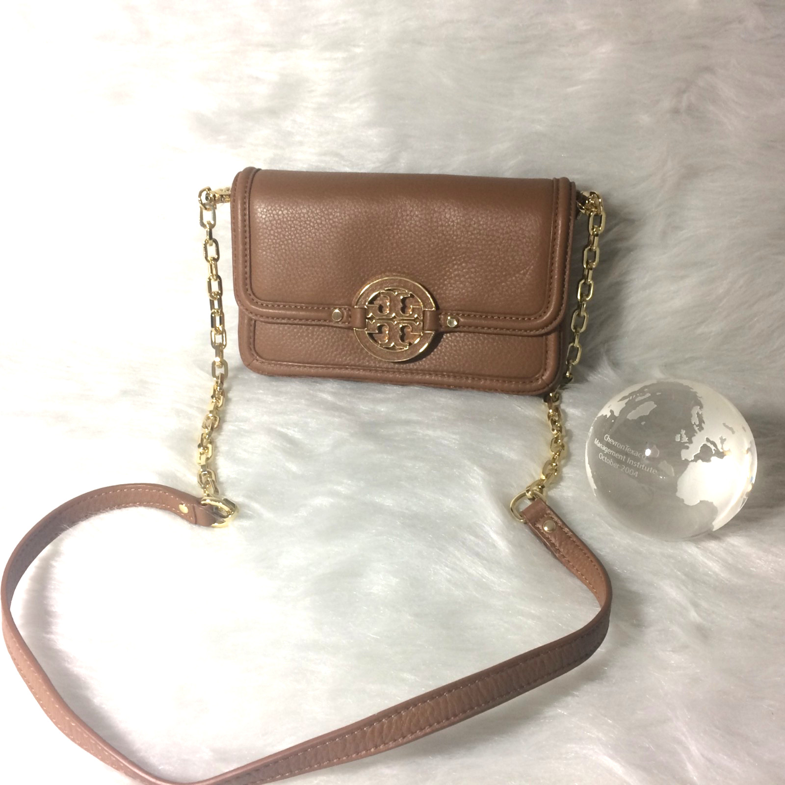 Tory Burch Amanda chain strap mini crossbody bag in tan pebbled leather