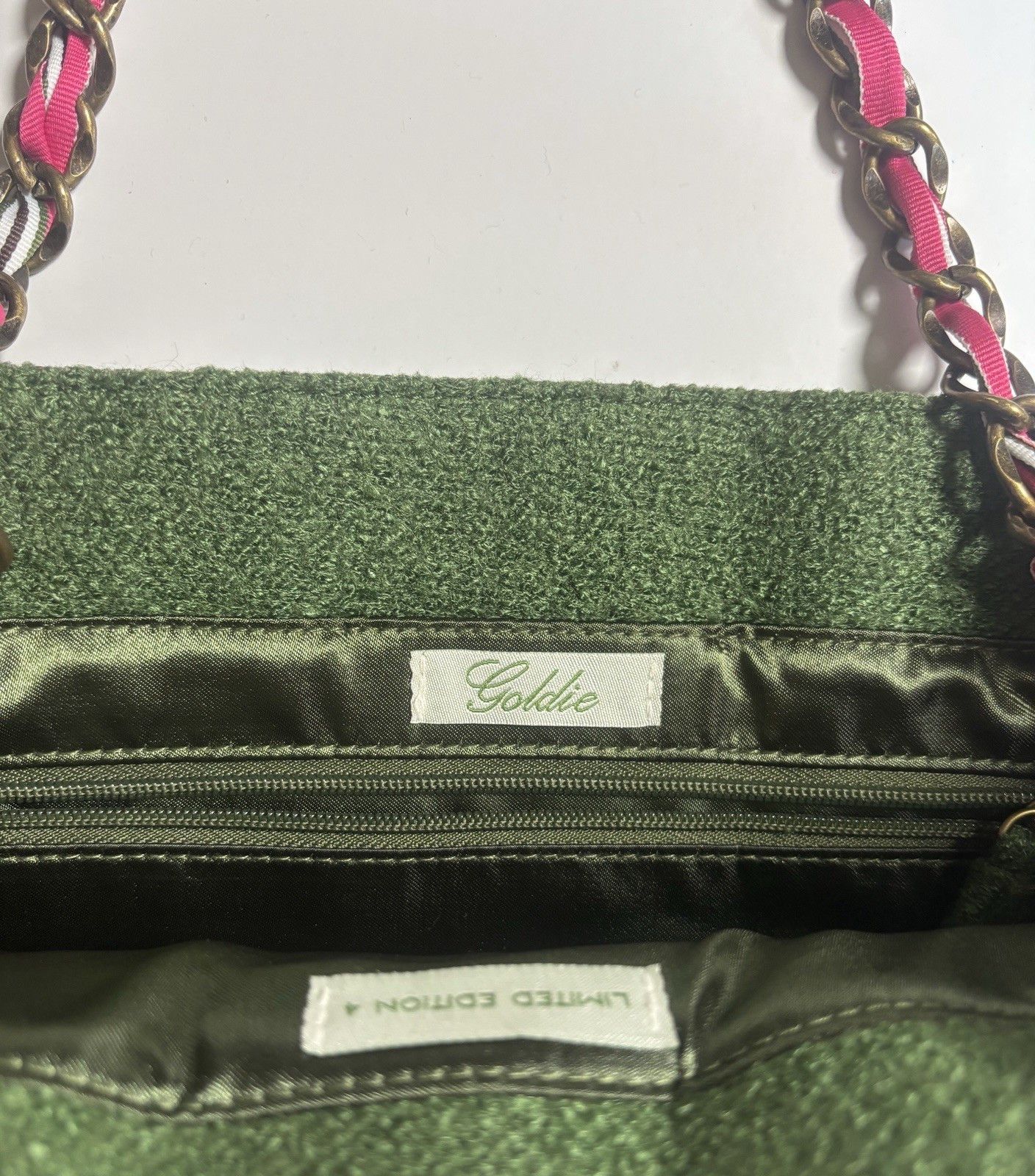 Goldie Green Shoulder Bag Limited Edition Pink Chain Strap Bow Zip Closure