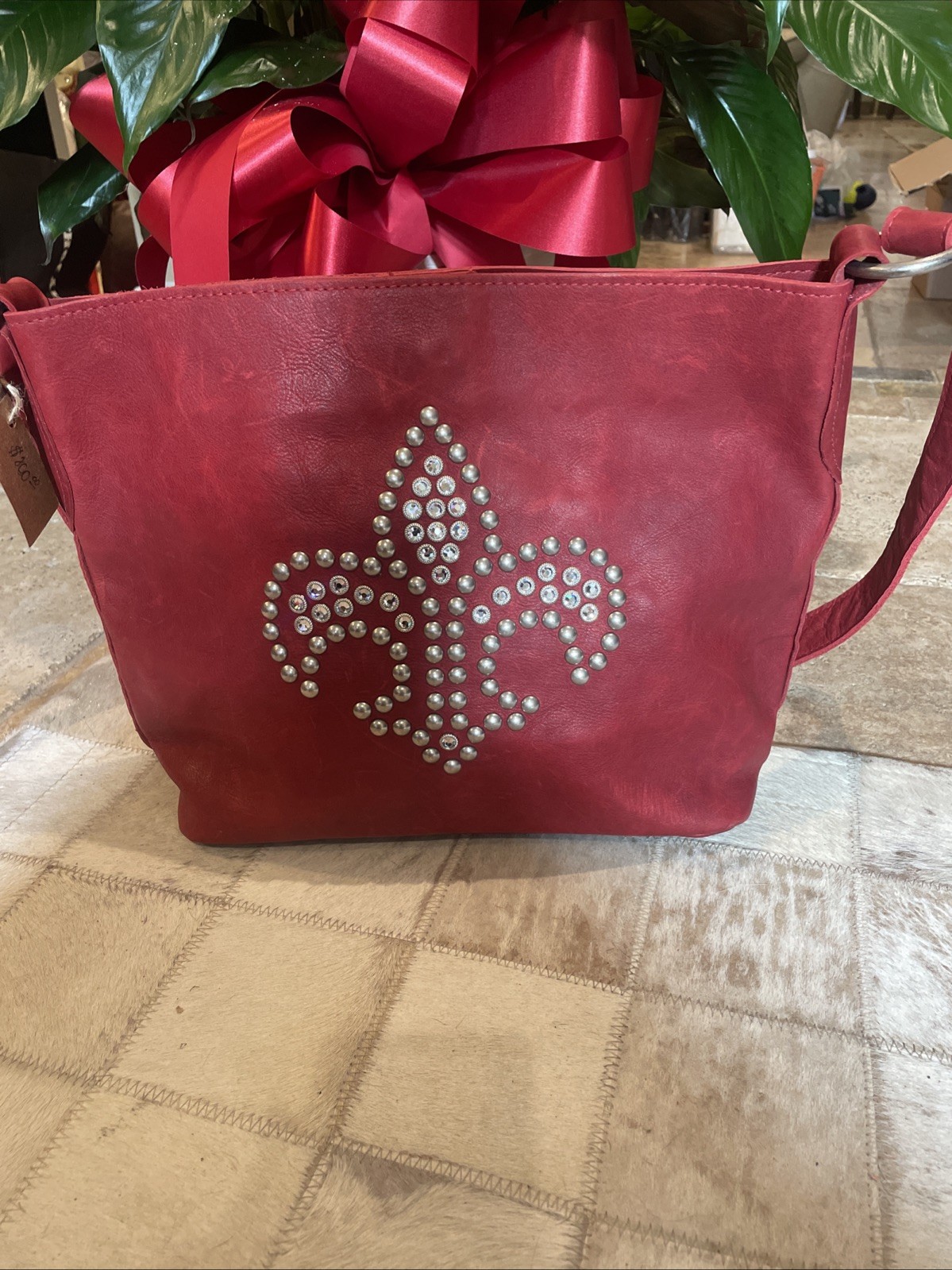 Two Bar West Red “Fleur De Lis” Shoulder Bag w/Red leather strap