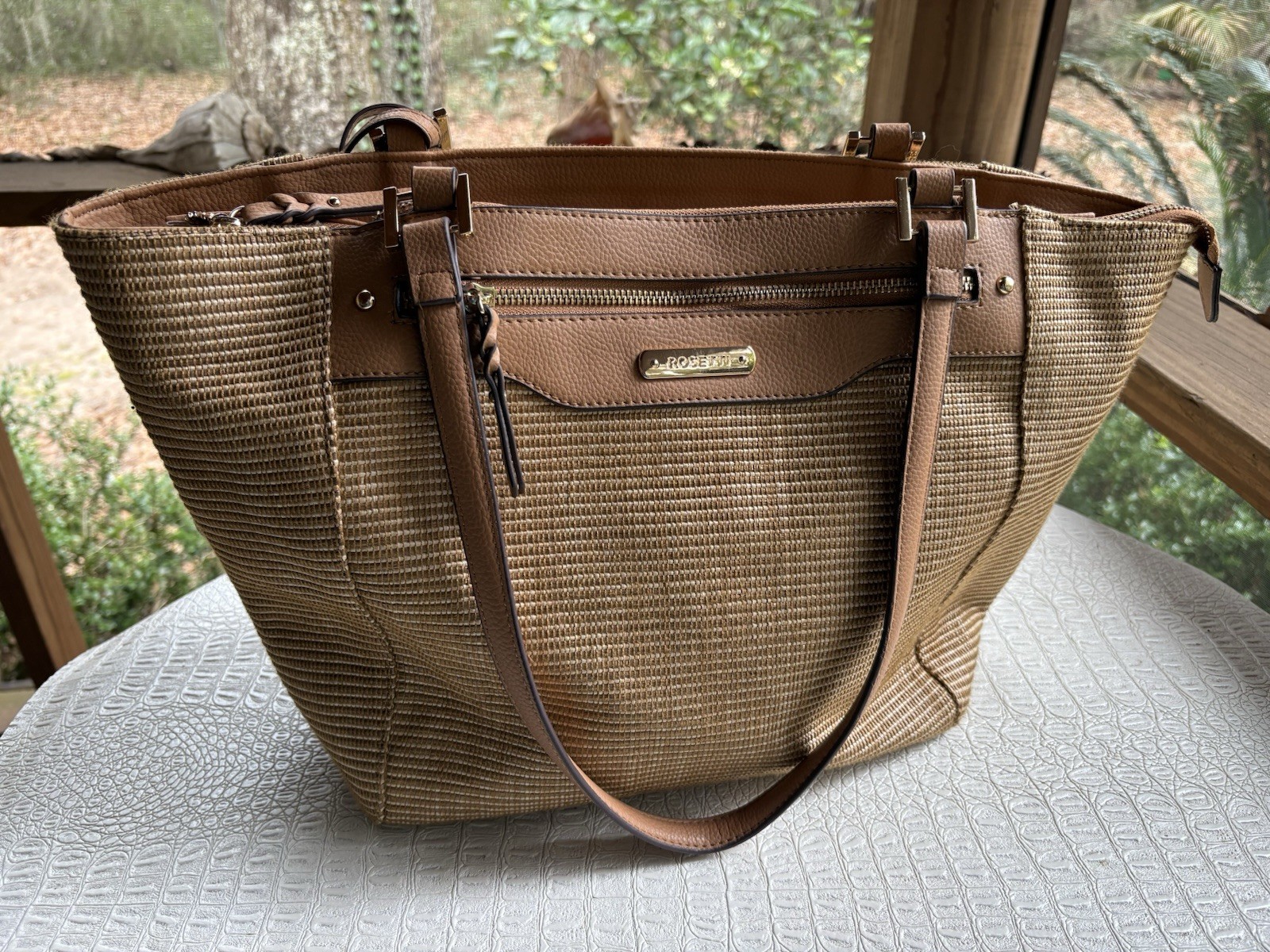 Rosetti Daisy Tote Bag Handbag Caramel Tan Straw Look Faux Leather Gold Zipper