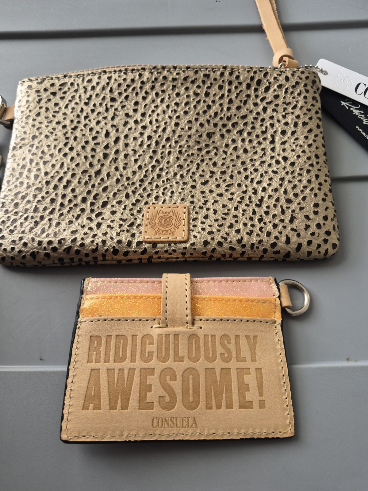Consuela Wristlet with wallet Leather NEW/tags gold leopard silver strap