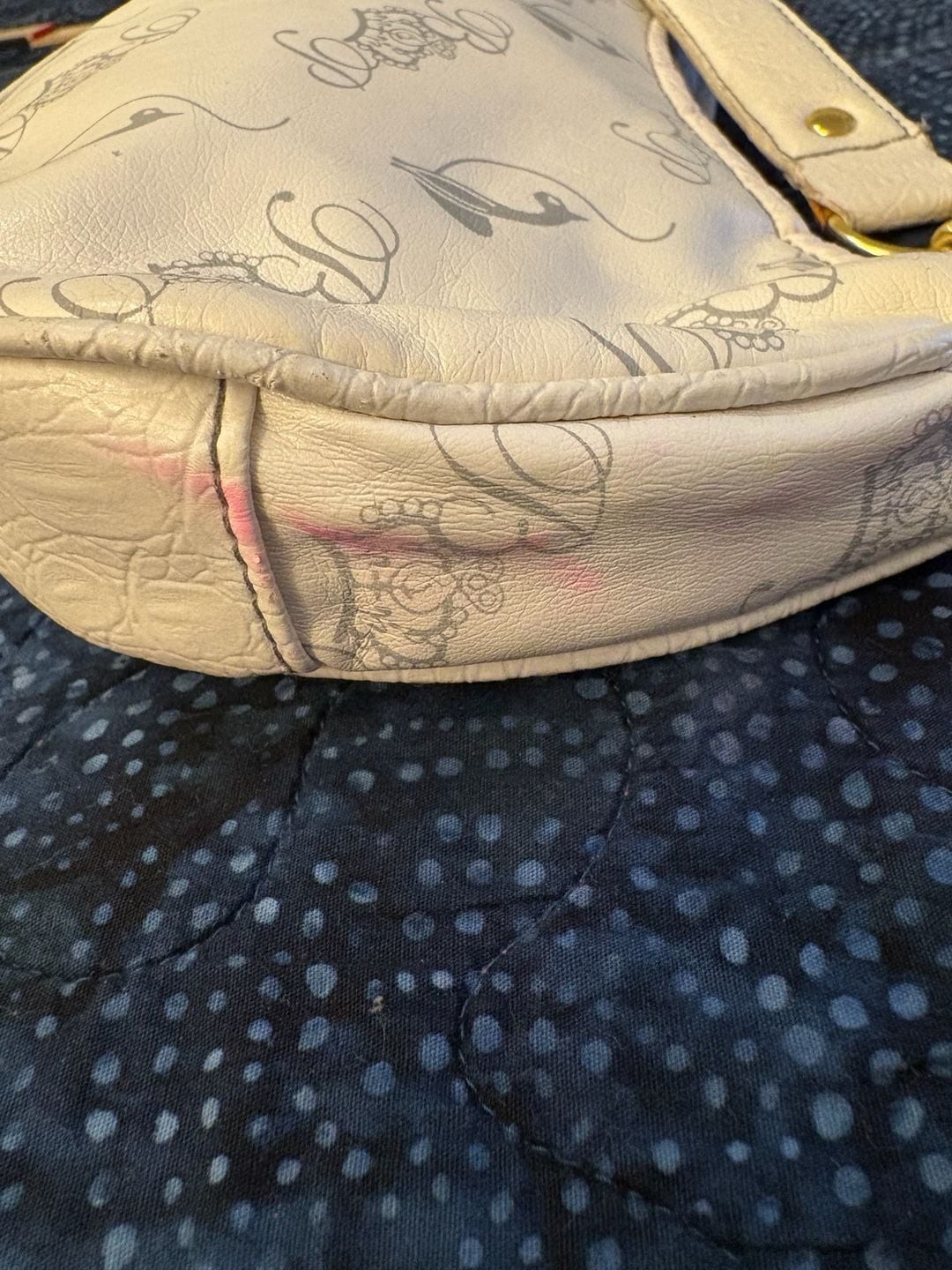 Baby Phat White Logo Print Shoulder Bag with Gold Tone Hardware and Crown Accent