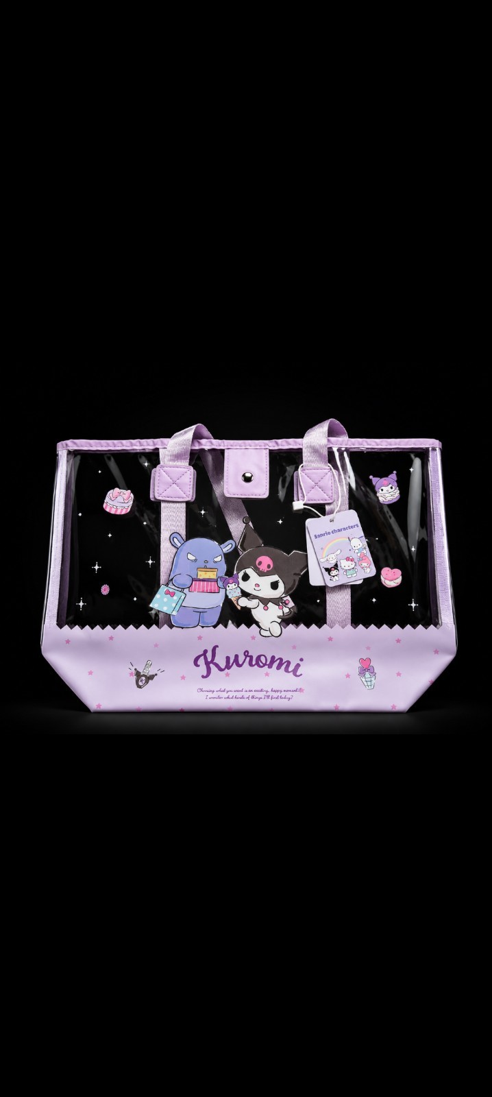 Sanrio Kuromi Clear Tote Bag with Purple Double Handles, Snap Closure