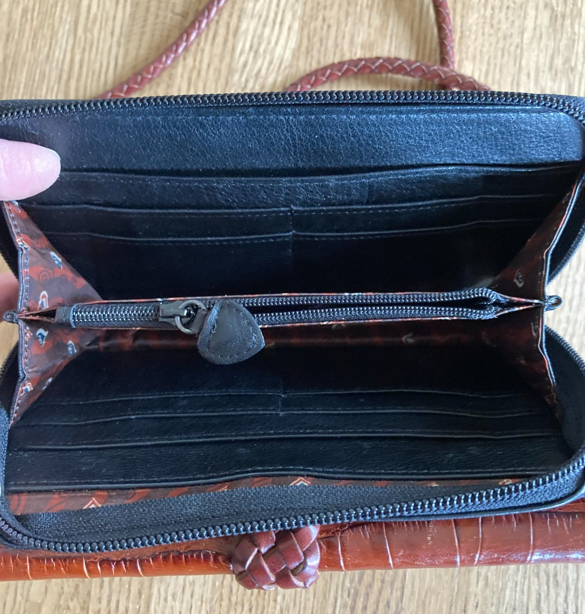 Brighton Black Brown Embossed Leather Flap Snap Zip Crossbody Clutch Organizer