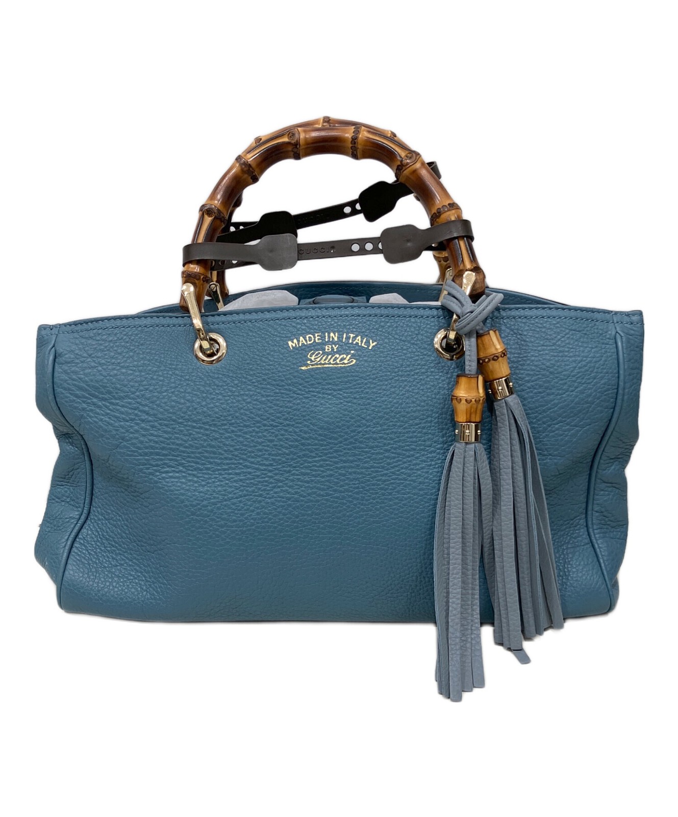 Gucci Bamboo Handle Handbag Shopper Shoulder Bag Blue Leather 2Way Tassel 23660