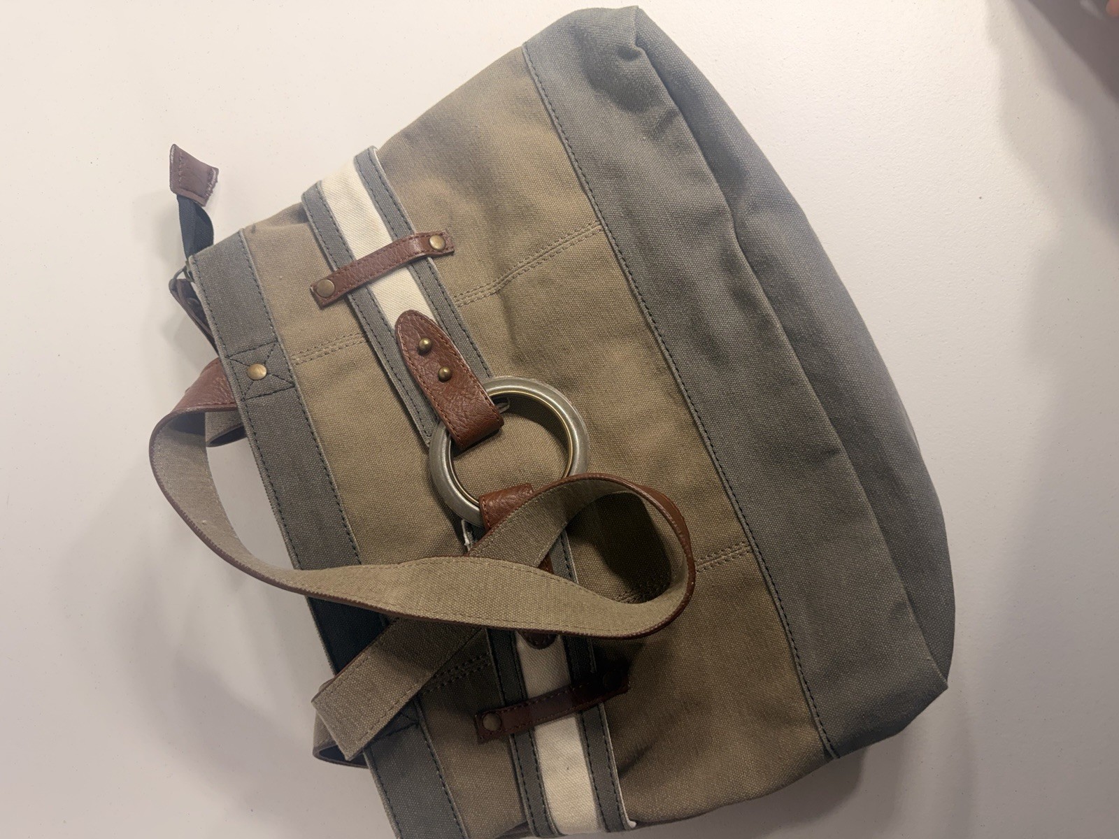 Mona B. Upcycled Canvas Bag Purse Shoulder Leather Trim Green Brown