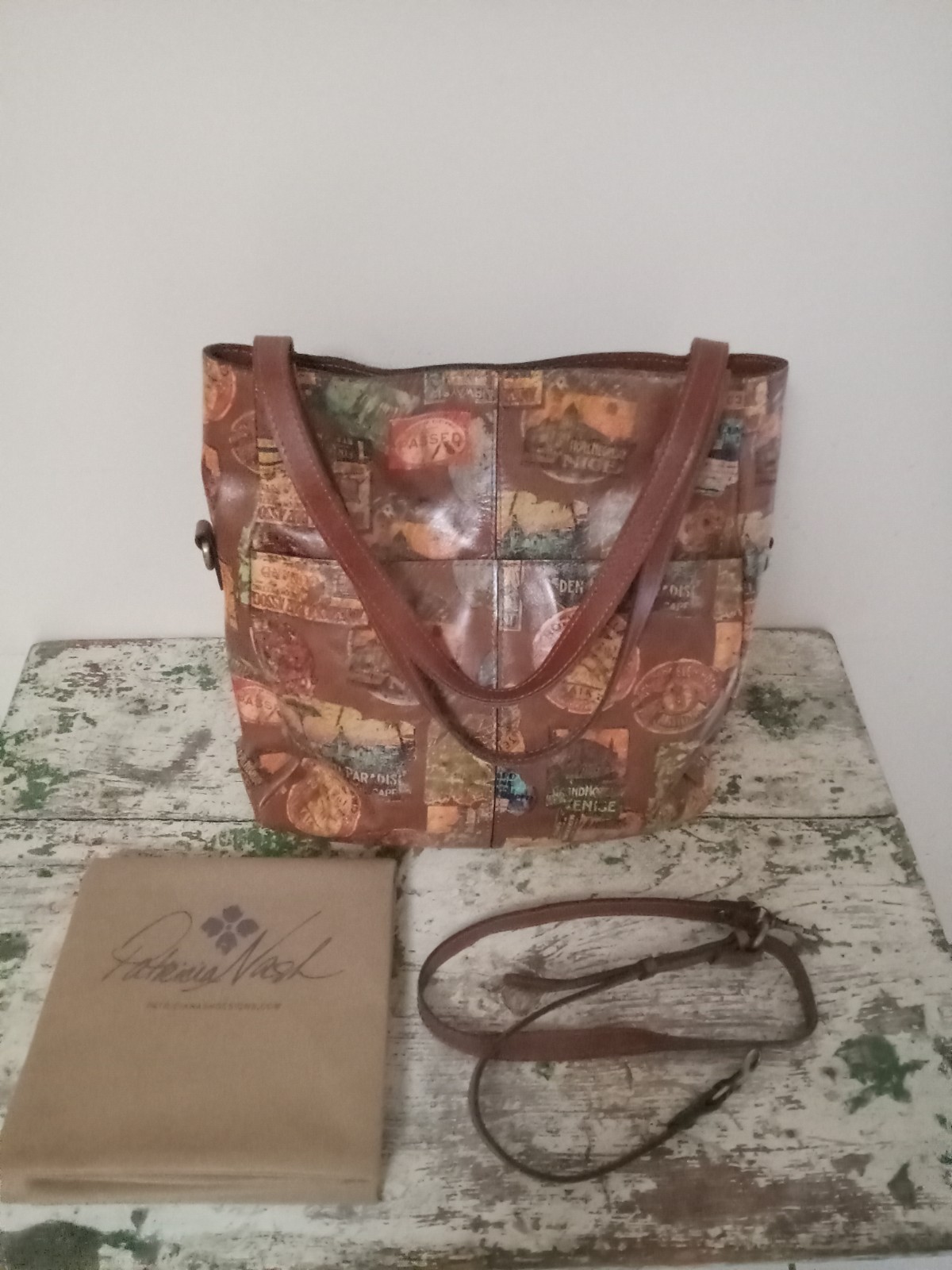 Patricia Nash Leather Travel Bag Tote Travel Sticker Pattern With Dust Bag