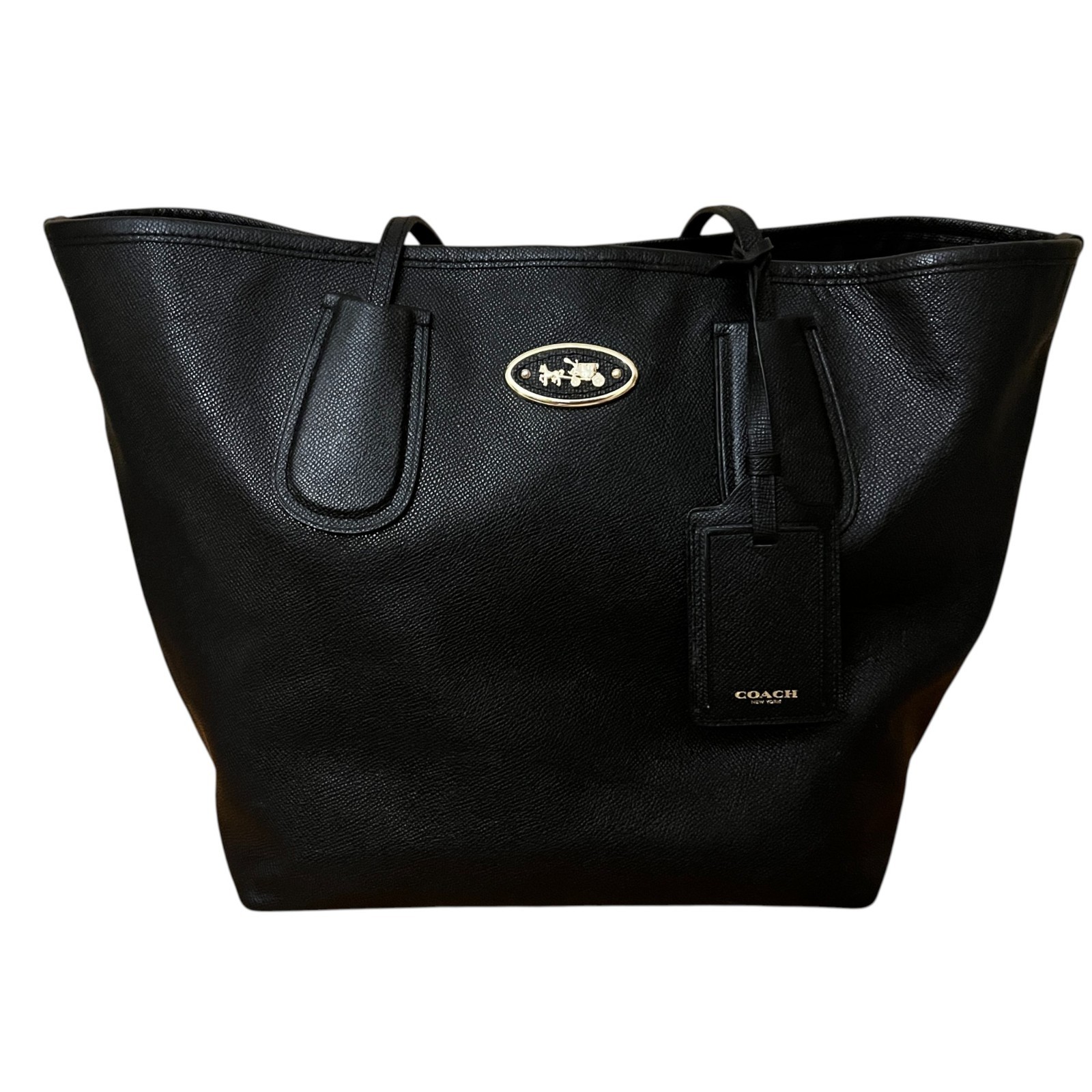 Coach Gallery Tote Black Leather Gold Logo Plate Large Bag EUC RARE