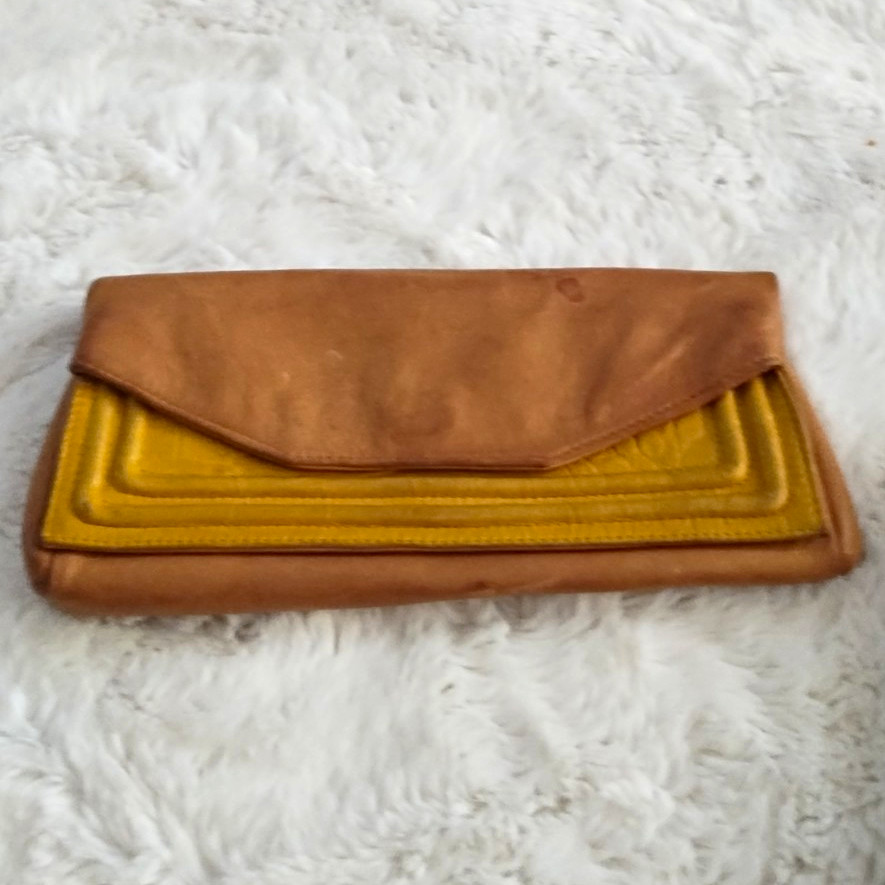 Possé Brown & Yellow Clutch Snap Closure Zip Pocket Lined Made in Mexico