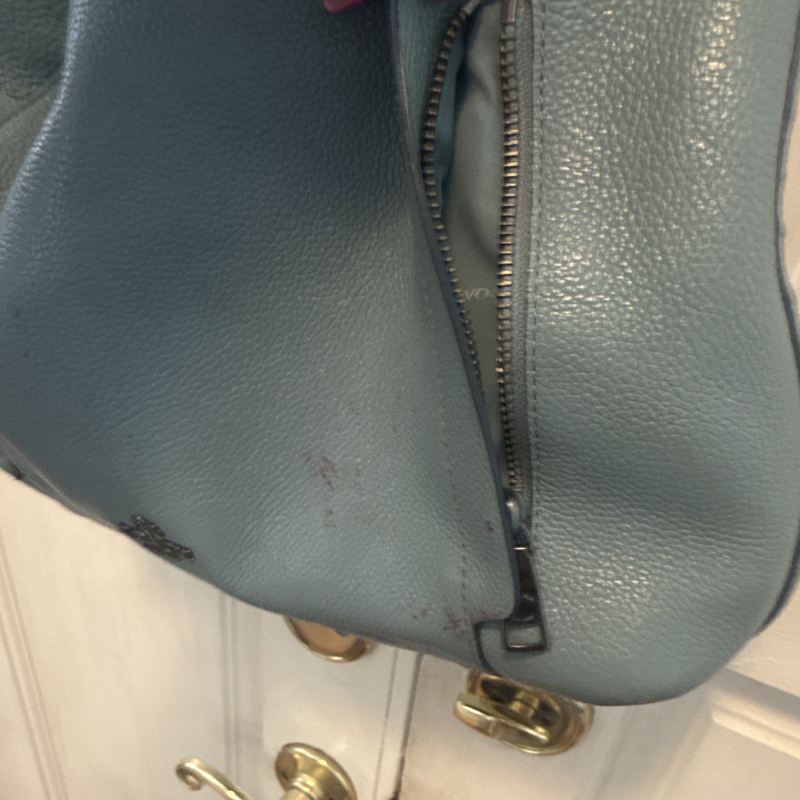 Coach Blue Pebbled Shoulder Bag Zip Top Detachable Strap Silver Hardware