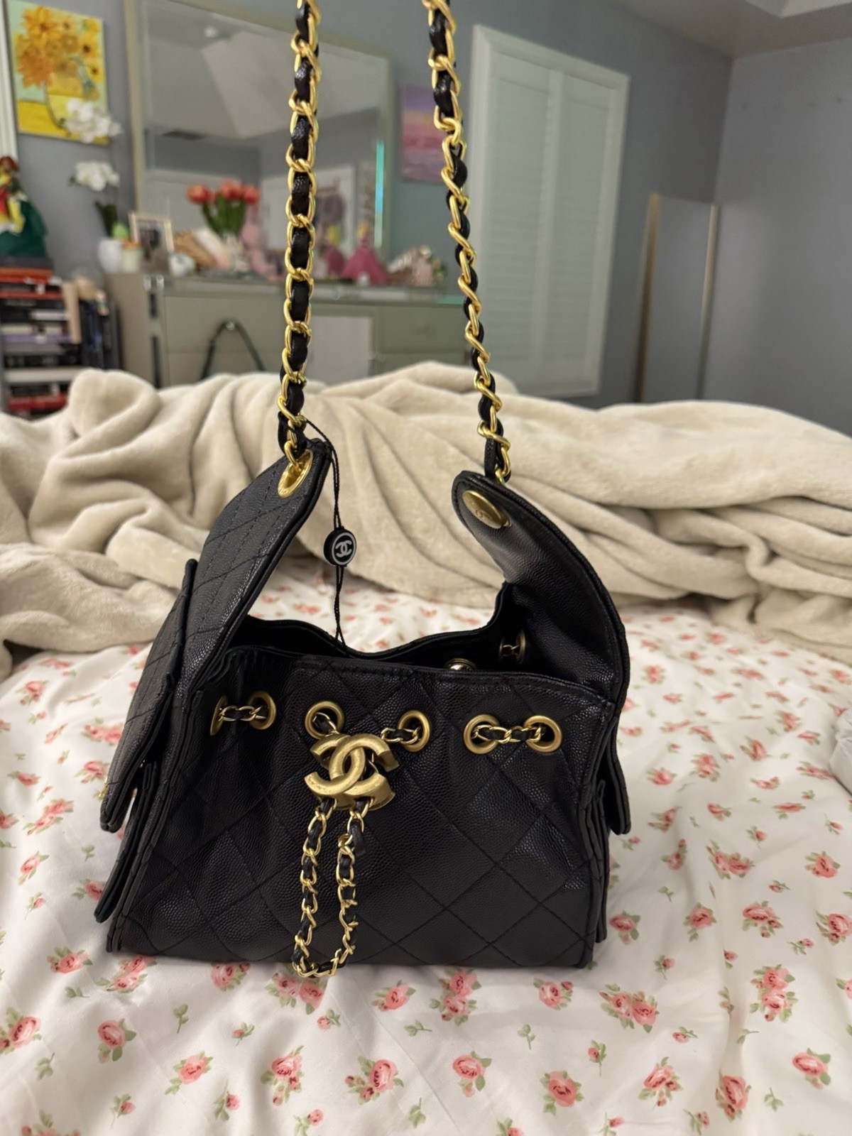 CHANEL 25 Black Quilted Drawstring Shoulder Bag Chain Strap Logo Gold Hardware