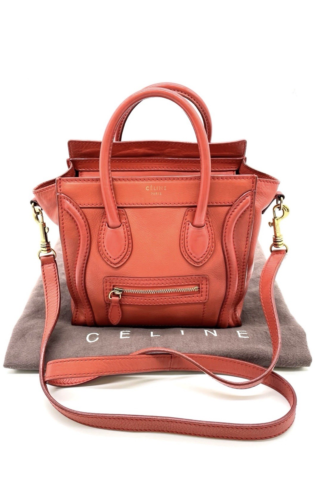 Authentic Celine Red Leather Luggage Nano Shopper 2way Handbag With dust bag